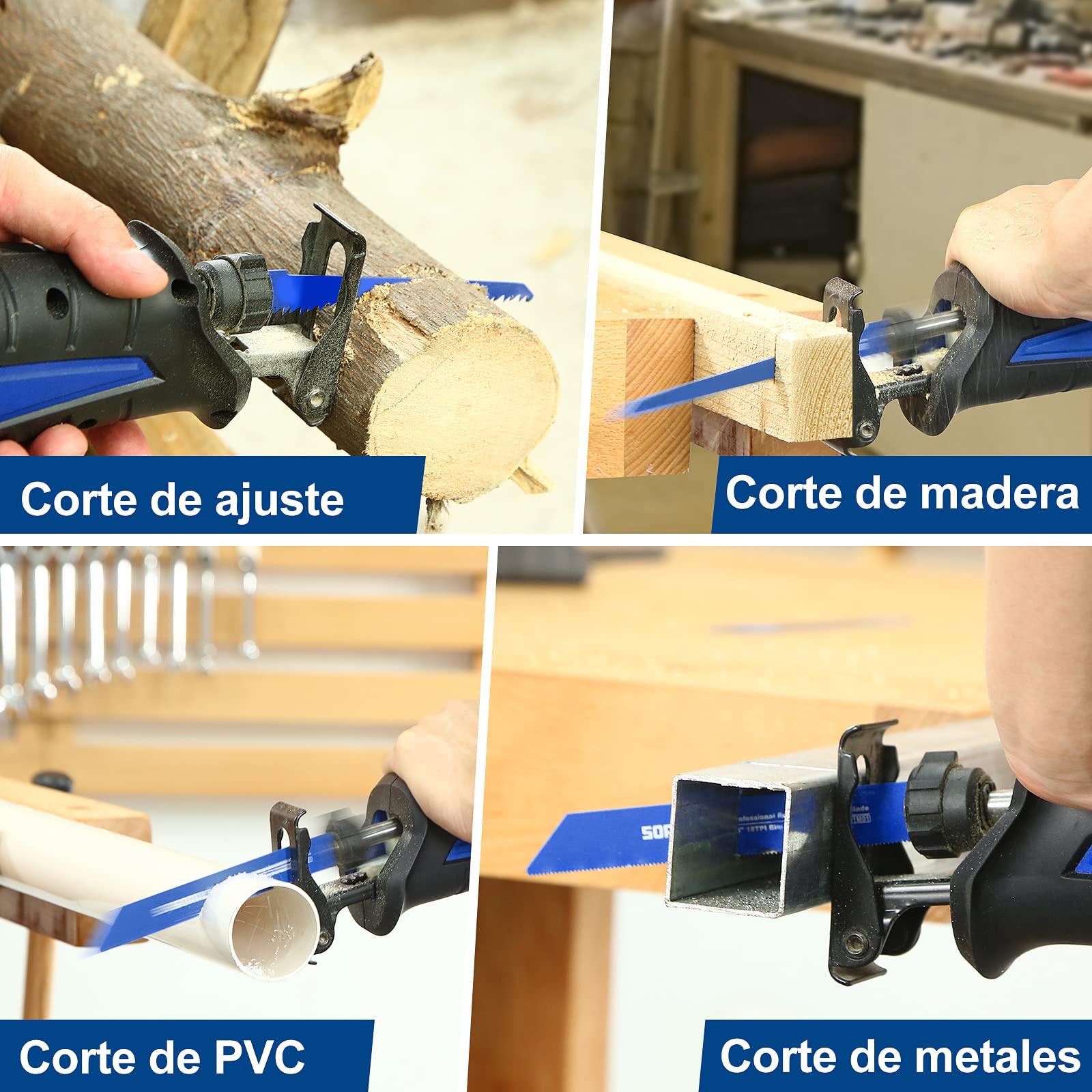 SORAKO sierra sable electrica, 18V, con batería de 4,0 Ah ，sierra recíproca de velocidad variable de 0-3000 SPM，cargador,2 cuchillas，ideal para cortar madera y metal, podar