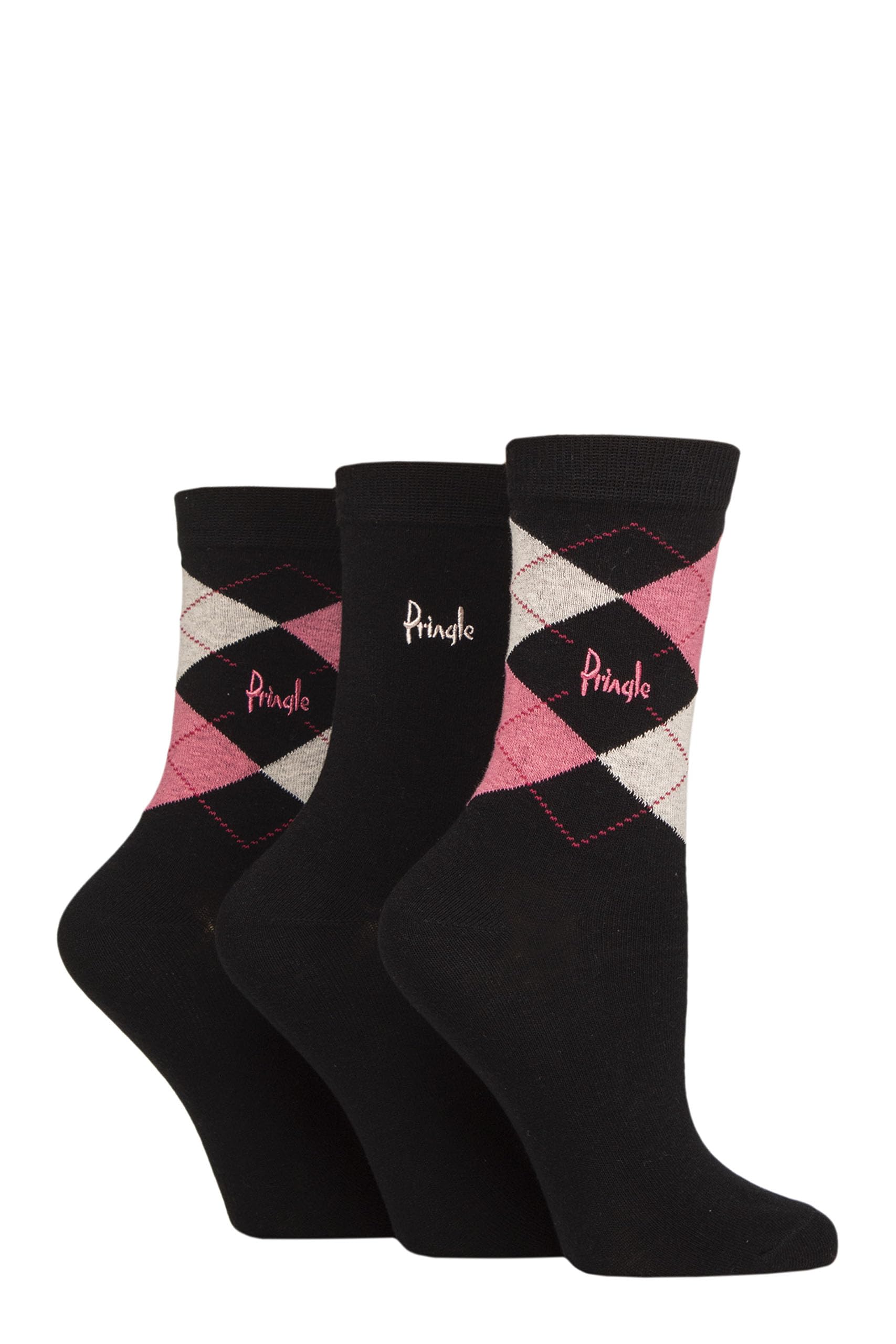 Pringle Ladies Socks in Gift Box - 'Louise' Plain and Argyle Patterned, Soft Cotton, Gift Idea Size 4-8 Black/Pink