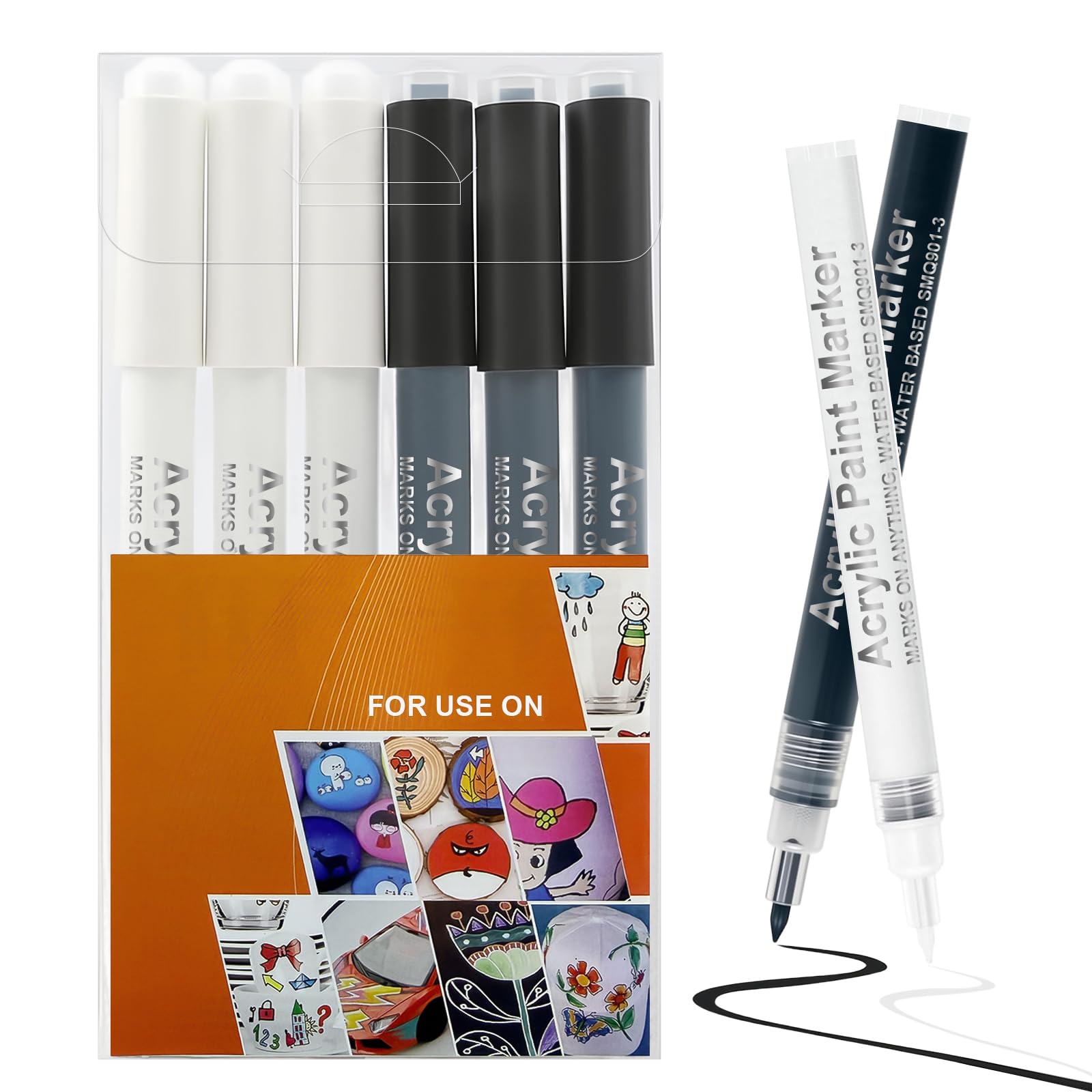 flintronic Acrylmarker Set Schwarz & Weiß, 6er Set Acrylmarker auf Wasserbasis, 0,7mm Acrylstifte auf Feiner Spitze, Acrylfarben Stifte für Stein, Keramik, Glas, Reifen, Stoff, Metall, Leinwand, Holz