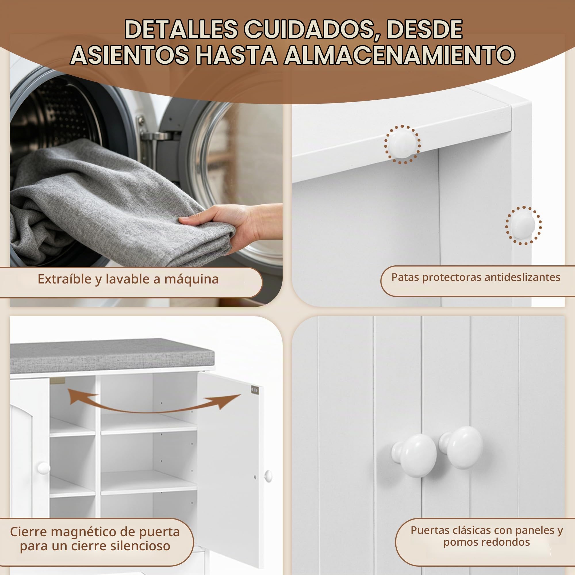 Banco Zapatero con Cojín, 80 x 34 x 55 cm, Blanco