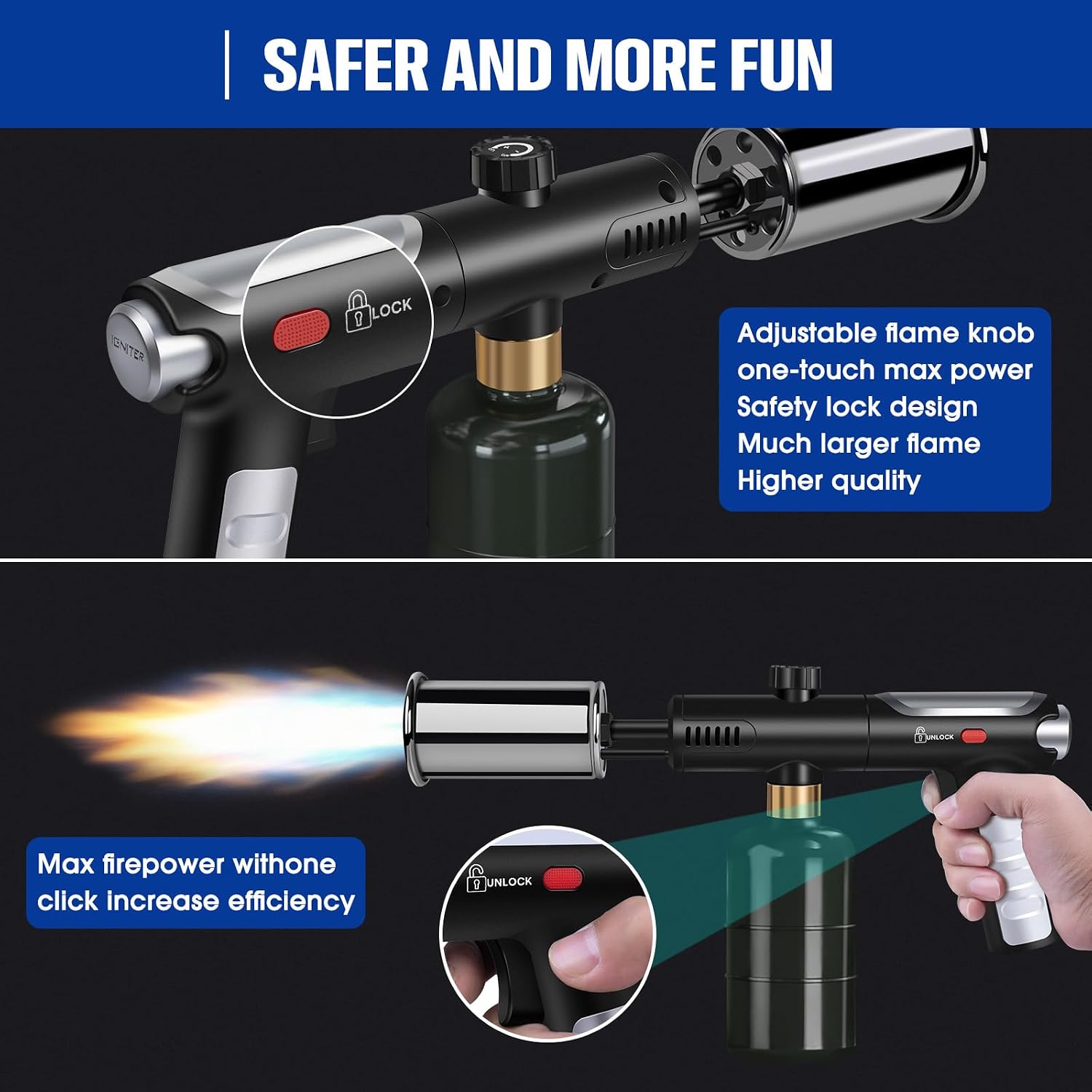 Powerful Propane Torch Gun - Flamethrower with Turbo Mode, Charcoal Torch Lighter with Safety Lock, Kitchen Blow Torch for Cooking, BBQ, Searing Steak, Grill