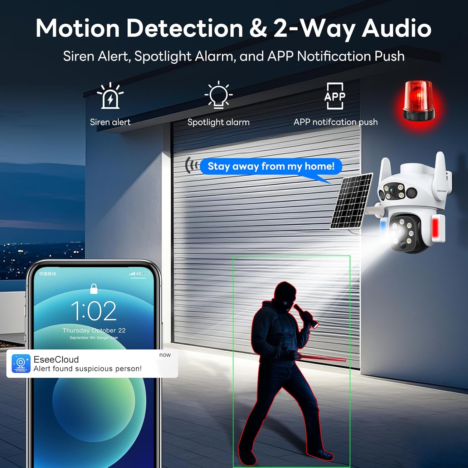 Solar Camera Outdoor Wireless, Dual Lens Security Camera for Home & Farm, Light Alarm & Color Night Vision, Outdoor Camera Two-Way Audio (1 Pack) - Image 5