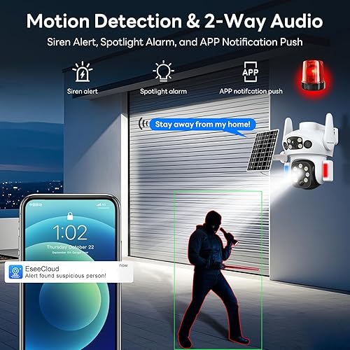 Miniatura 5 de Cámara solar inalámbrica para exteriores, cámara de seguridad de doble lente para el hogar y la granja, alarma de luz y visión nocturna a color,