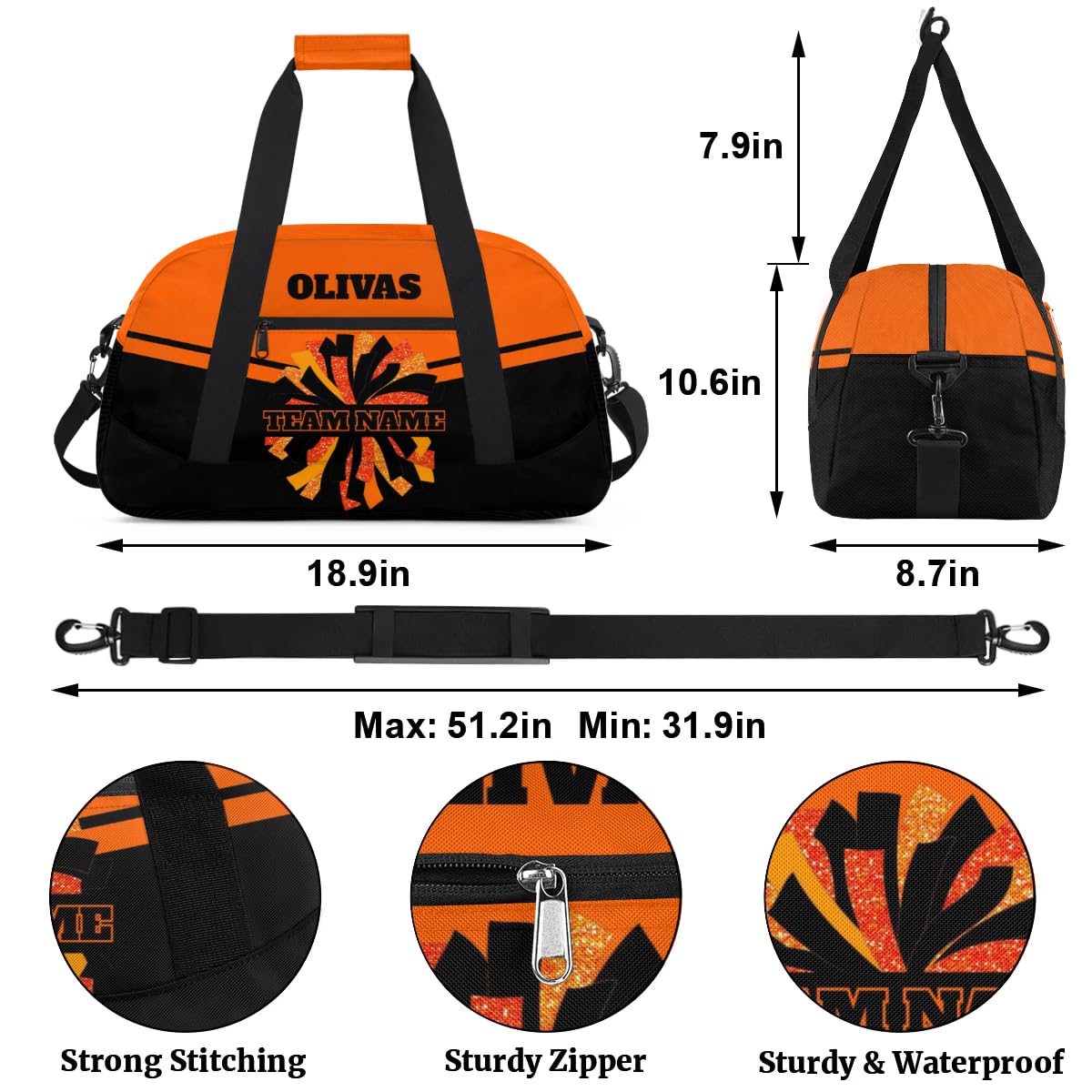 Personalized Cheerleader Bag Dance Bag for Girl, Custom Team Bag Gym Bag Sport Duffel Bag, Weekender Bags Travel Bag for Cheer Team Black Orange Glitter Glam