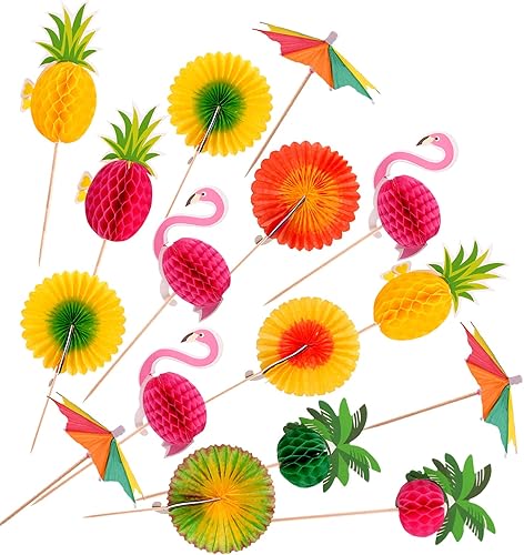 Hawaiian Luau - Púas de cóctel tropicales surtidas, palillos de bambú hechos a mano, palillos de madera para Luau Hawaii, suministros de fiesta en