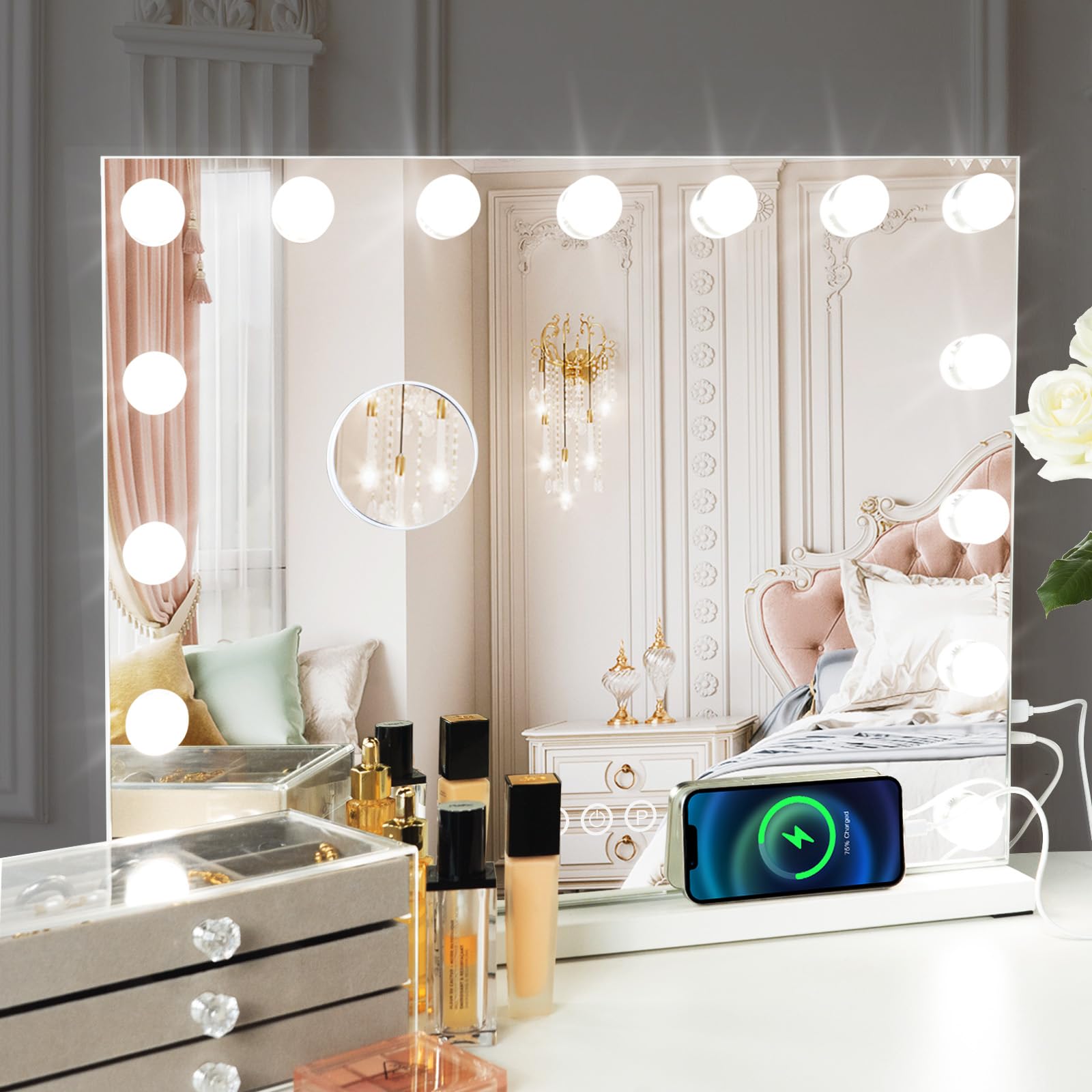 Cozi Vanity Mirror with Lights, Large Hollywood Makeup Mirror with 15 LED Bulbs Dimmable Type-C USB Charge Lighted Mirror Beauty Tabletop Wall-Mounted Mirror 3 Colors Lighting 10x Magnification