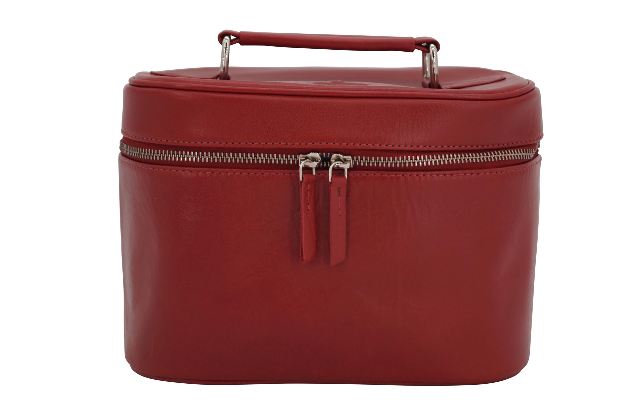 GERMANUS Handgemachte Kosmetiktasche Leonie, Kosmetikkoffer und Kulturtasche aus dickem Leder (Rot)