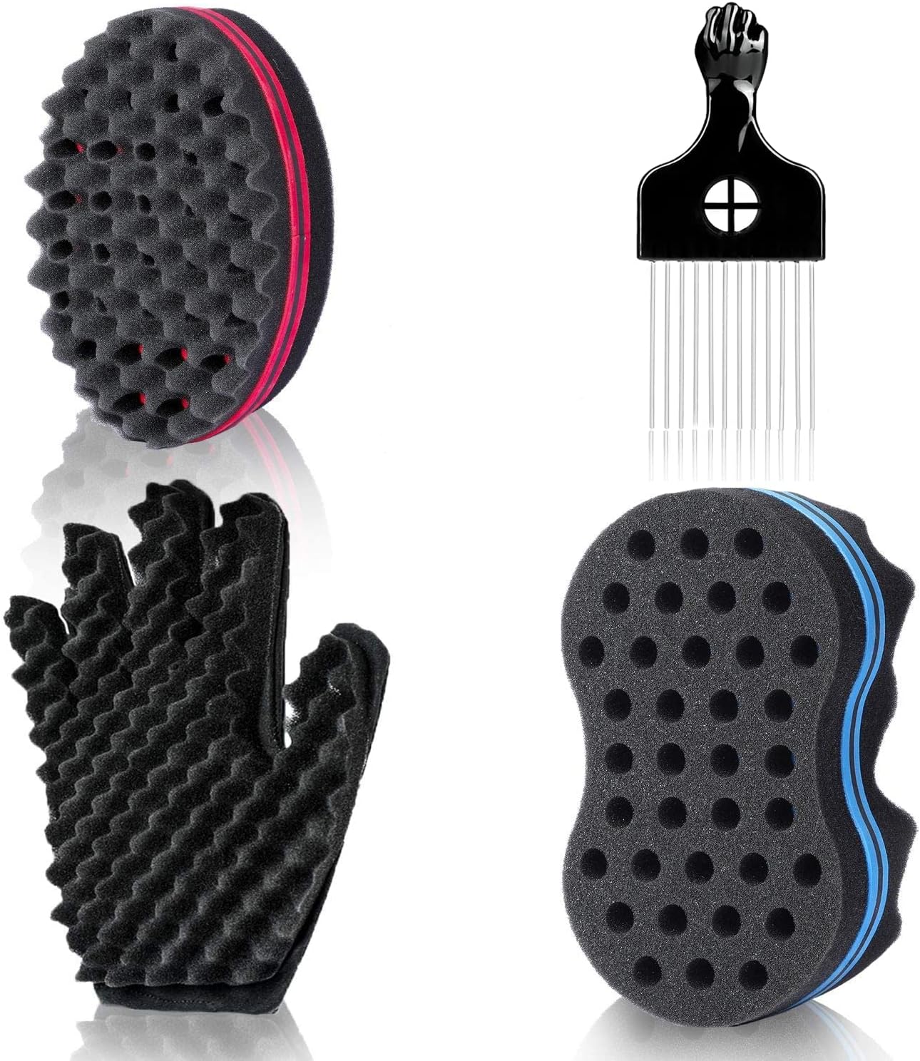 Magic Twist Hair Sponges Set, Big Holes Sponge Brush for Hair, Curling Sponge Glove for Men Women Curls with Metal Afro Pick(6.7 inch)