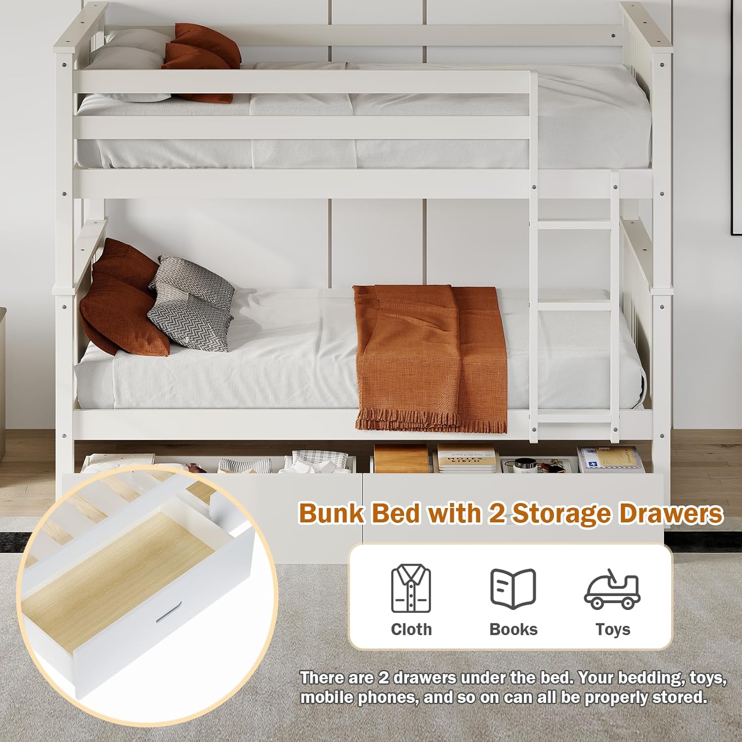 Bunk Bed Twin Over Twin with Storage Drawers, White Convertible Wood Twin Bunk Beds with Ladder and Safety Guardrail, No Box Spring Needed (White)