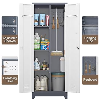 GREATMEET Metal Storage Cabinet With Shelves, Broom Closet Cabinet With Pegboard And Hanging Rod Cleaning Tool Storage Cabinet Tall Metal Cabinet Locking Doors Bath