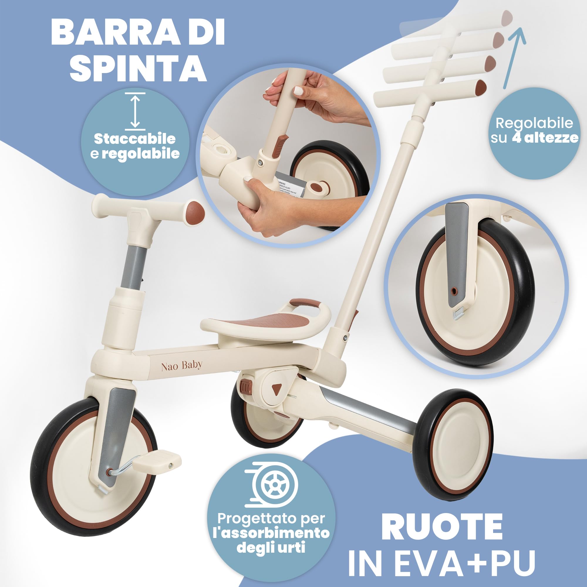 Triciclo Evolutivo Pieghevole e Regolabile per Bambini (1-5 Anni) con Maniglione Genitore – Triciclo Passeggino, Balance Bike e Bicicletta Bambini, Sicuro e Compatto (Senza capote)