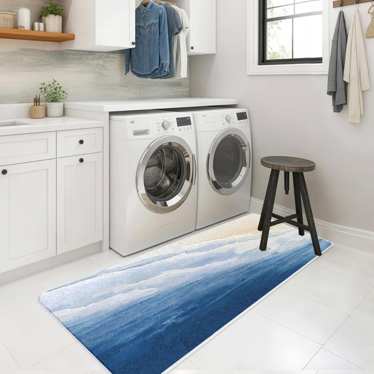 Blue Beach Coastal Kitchen Mats Set of 2 Summer Nautical Ocean Wave Nature Non Slip Mat Washable Floor Rug for Kitchen Sink Floor Laundry, 19.7"x31.5"+19.7"x63"