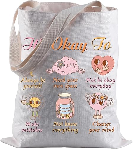 BLUPARK Bolsa de mano para la salud mental, regalo de terapia, con texto en inglés "It's Okay to Shopping Bag Love Yourself"