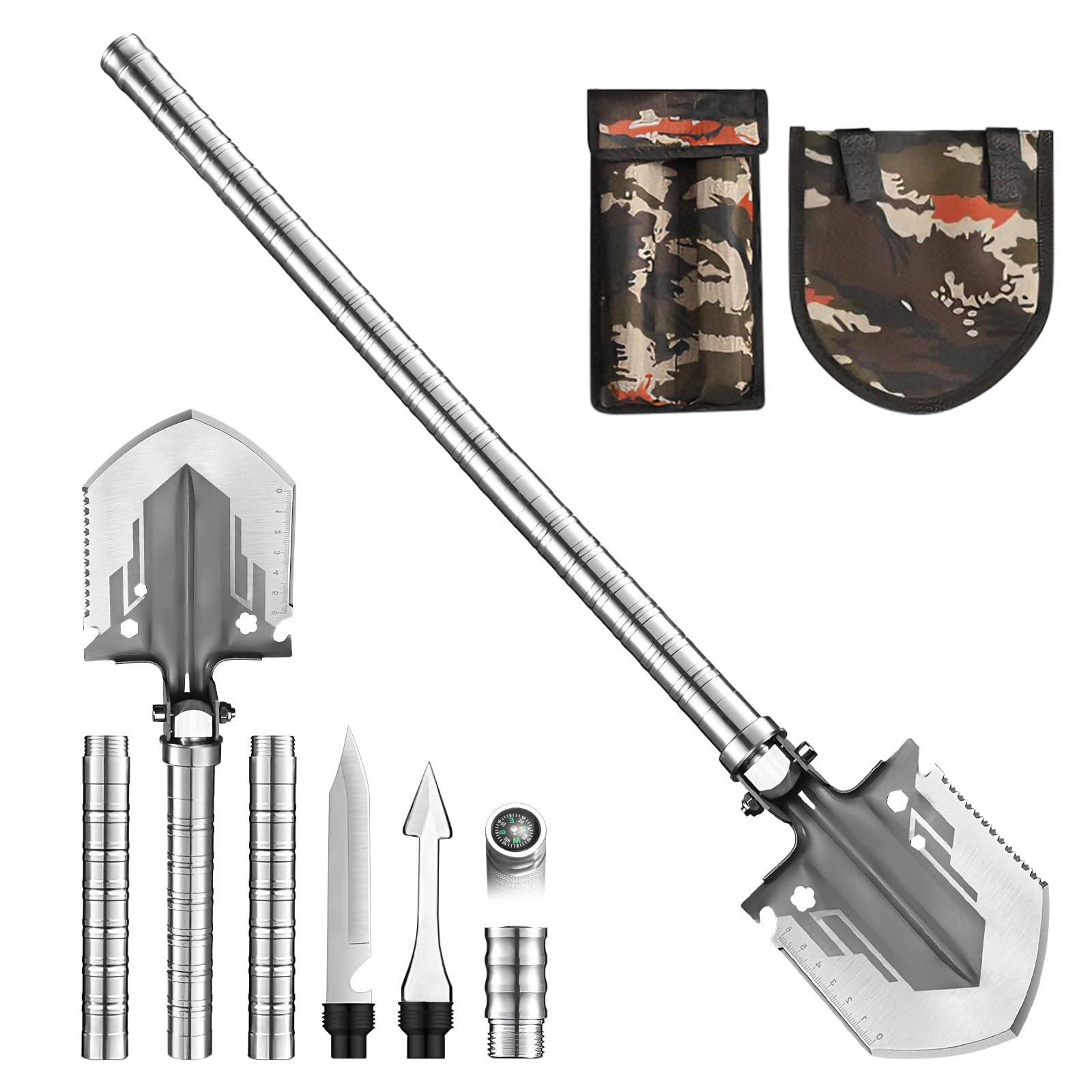 Upgrade Folding Camping Shovel, Multi-Tool Style Survival Shovel with Compass, Stainless Steel Portable Shovel for Hiking, Camping, Gardening, Emergency (B)