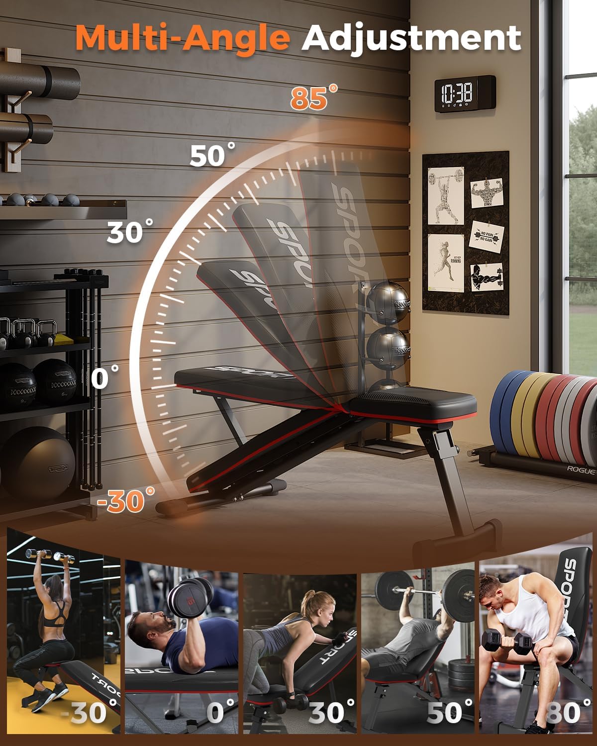 Diagram showing the Garvee Adjustable Weight Bench with its backrest set at various angles, including -30, 0, 30, 50, and 85 degrees.