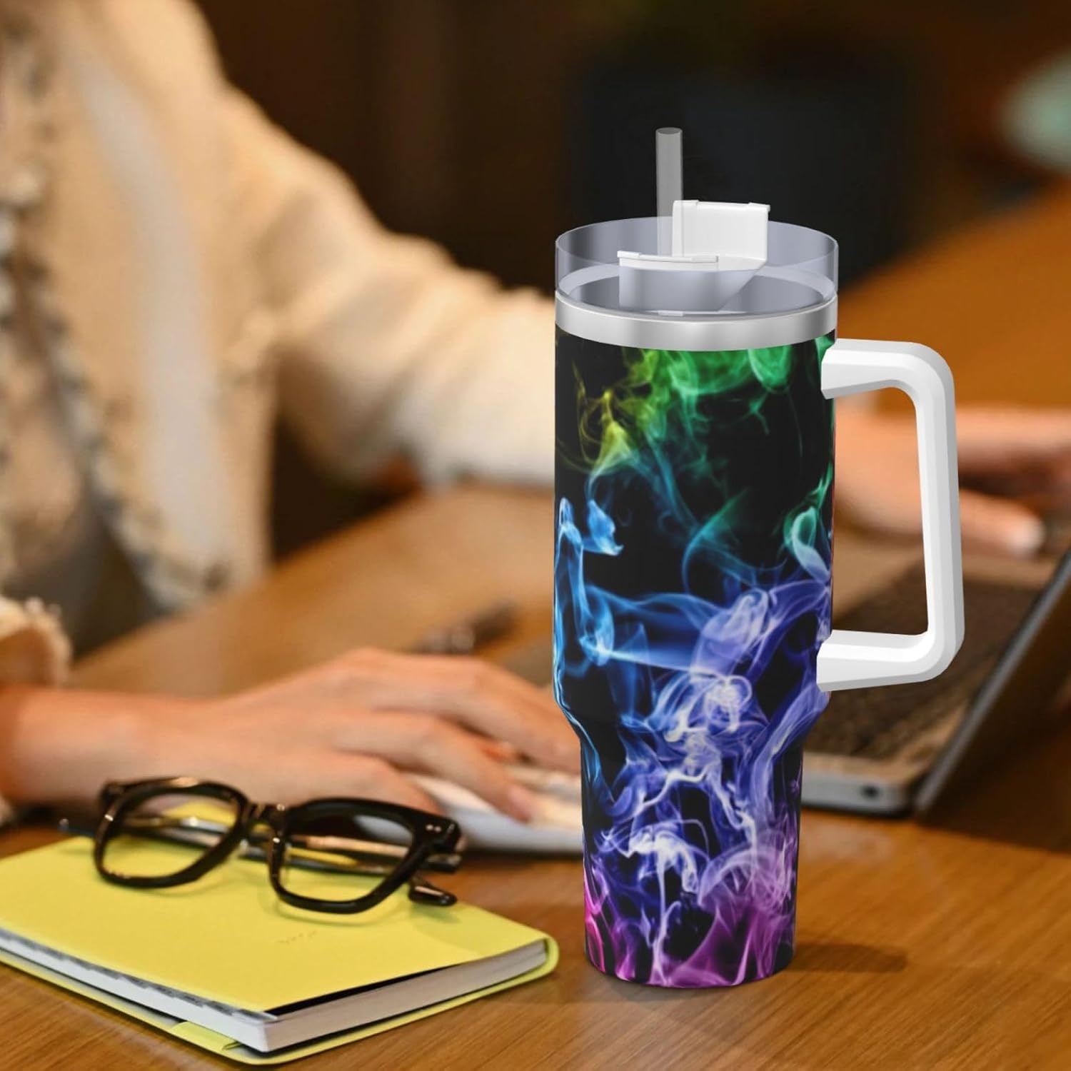 40 OZ Colorful Smoke Print Ice Bully Cup with Handle Straw Lid Straw,Stainless Steel Tumbler Coffee Cup