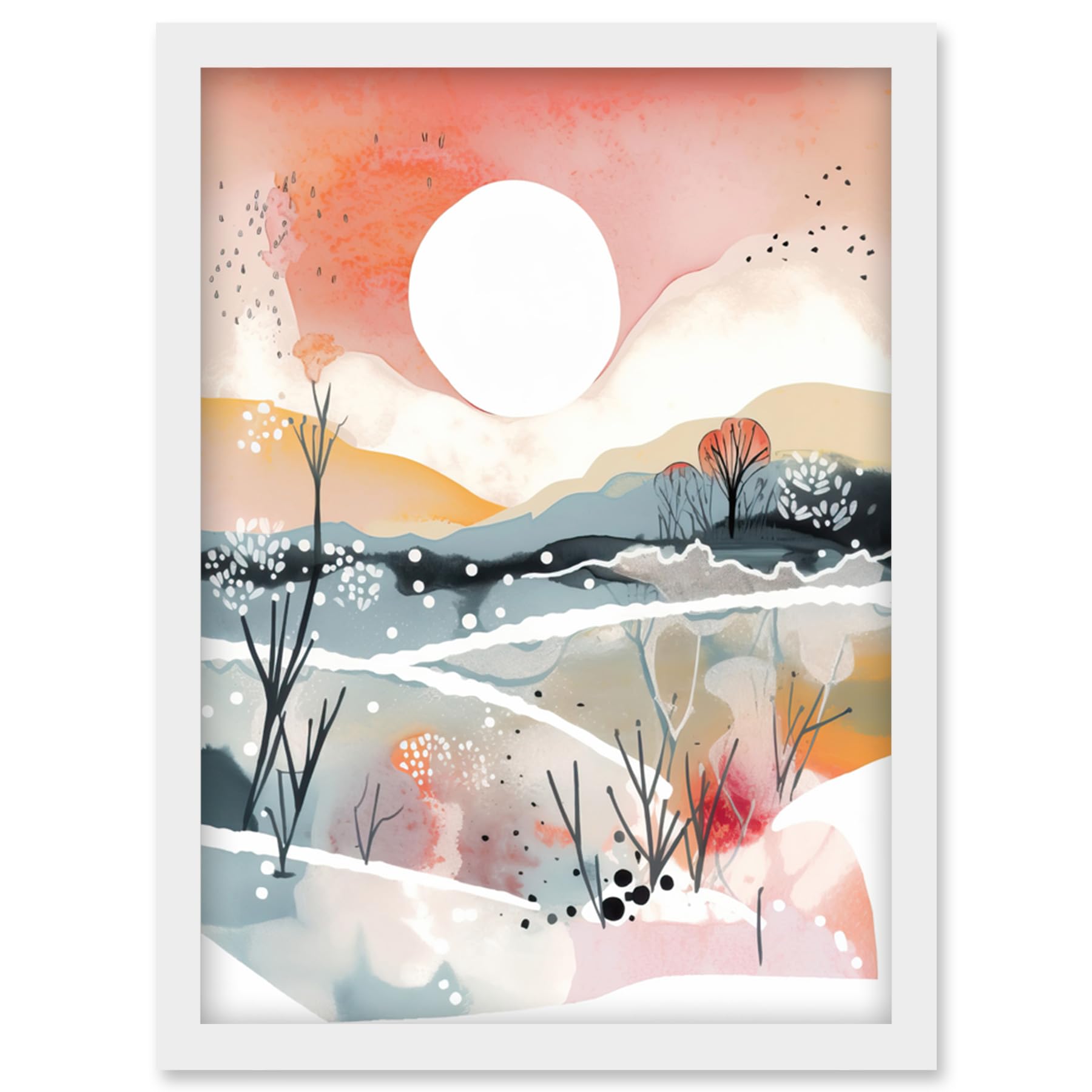 Artery8 Sunset in Winter Landscape Boho Modern Folk Art Artwork Framed Wall Art Print A4