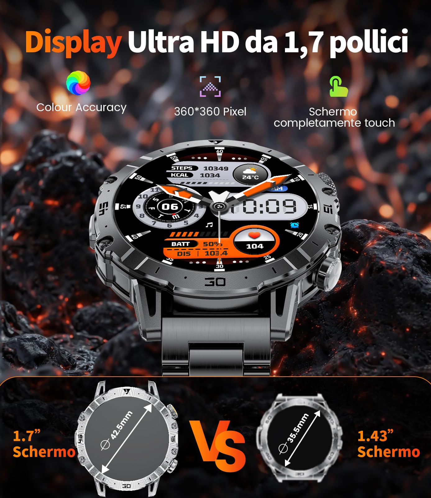 LIGE Smartwatch Uomo con 1000mAh/Torcia LED,Chiamata Bluetooth,1.7" Smart Watch Militare con 110+ Modalità Sportive,Impermeabile,Frequenza Cardiaca, Android iOS,3 Braccialetti+2 Caricabatterie,EF18-A
