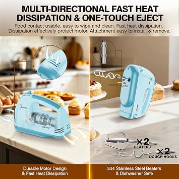 Hand Mixer, Small 7-Speed Mixer, Dishwasher-Safe 304 Accessories (1 Whisk, 2 Dough Hooks, 2 Beaters), Mixes various ingredients, for both beginners and bakers (Blue)