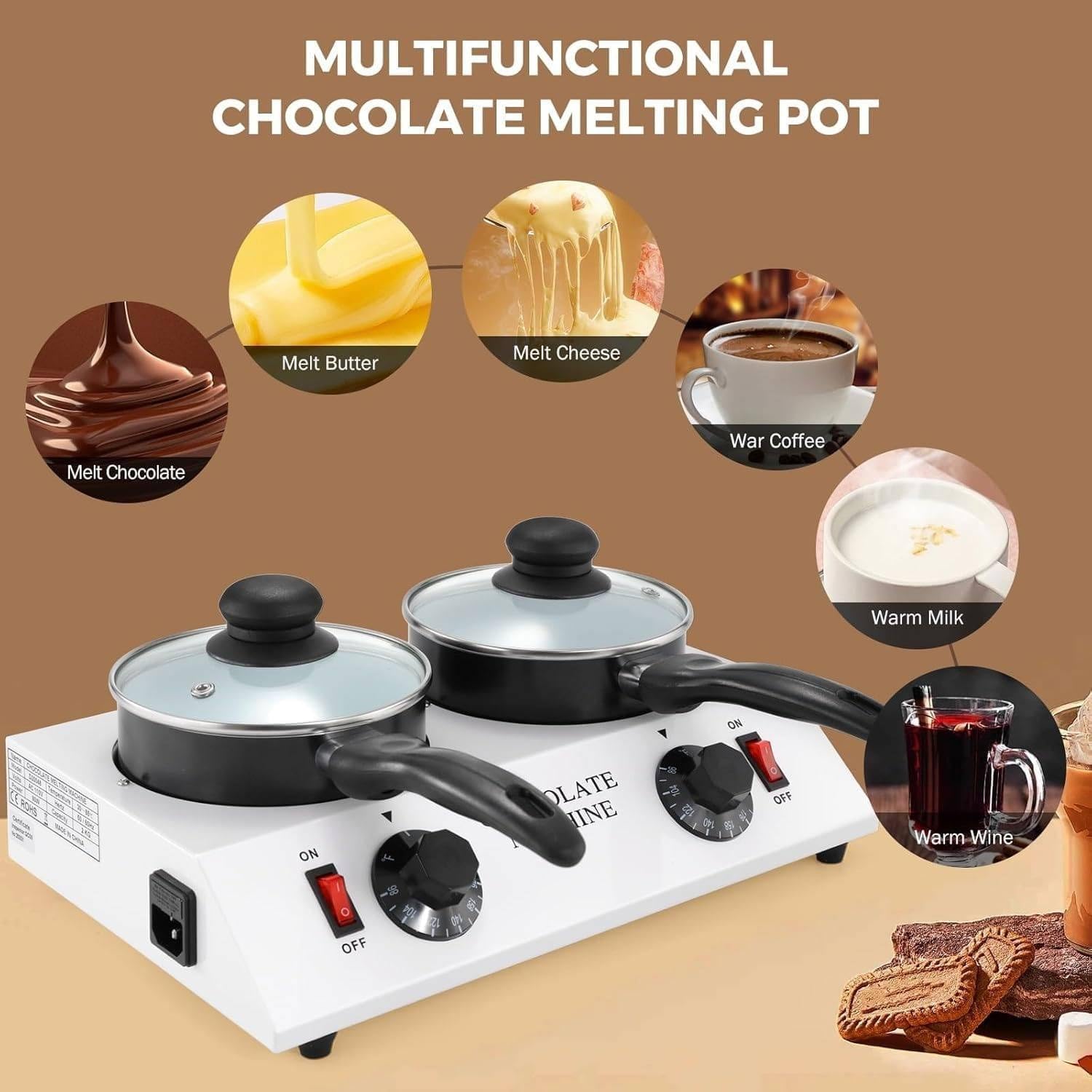 Temperateur de chocolat électrique, avec 2 poêles antiadhésives en céramique, 80 W, température constante de 30 à 80 ℃, avec commande manuelle