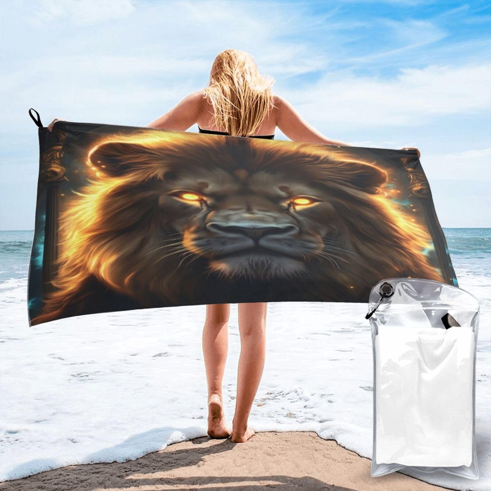 Anceky Majestic Lion with Glowing Eyes Portrait Quick Dry Microfiber Travel Towel with Carry Case and Carabiner 27.5"X55"