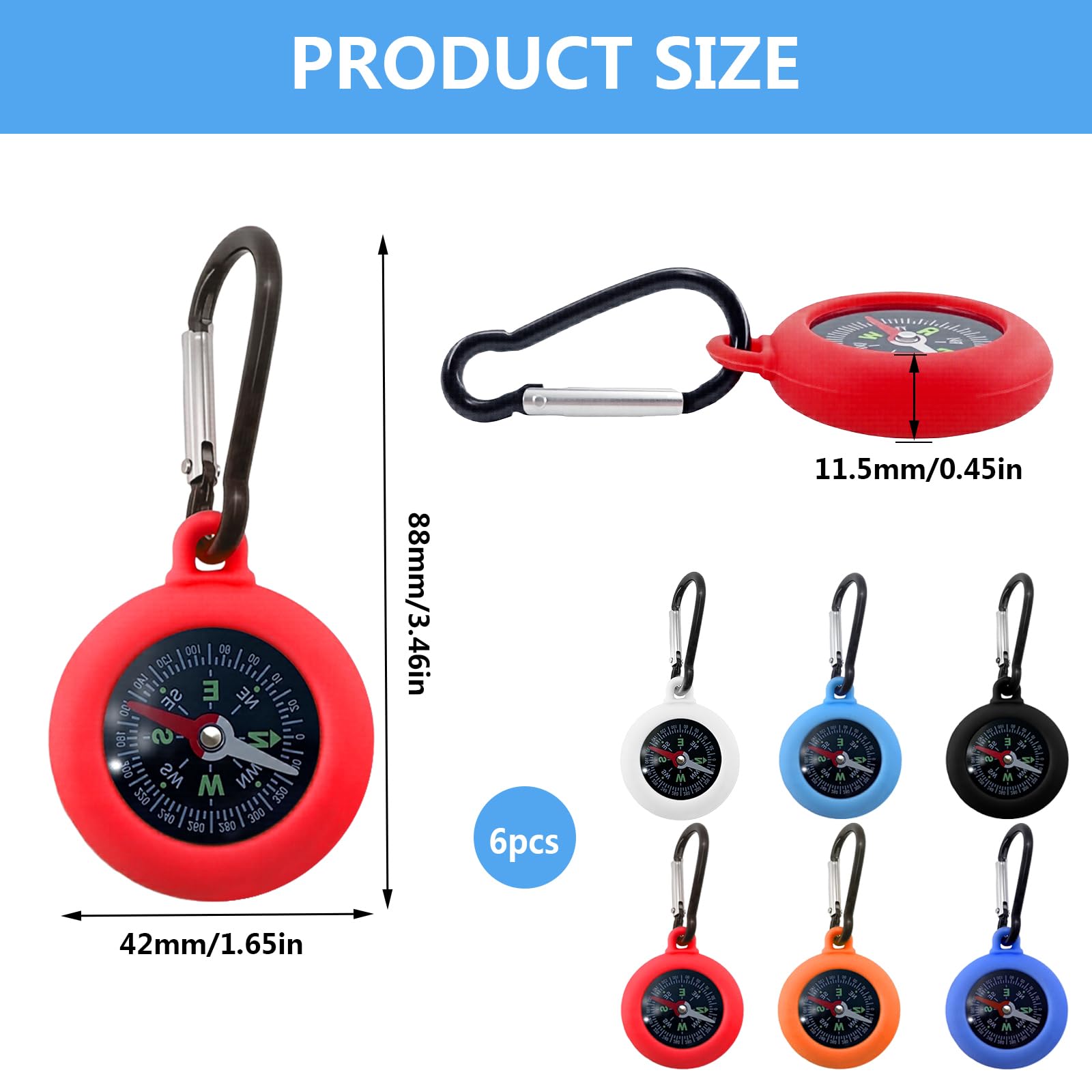 6 Pièces Boussole avec Mousqueton 2 en 1, Mini Boussole de Camping Multicolore pour Randonnée Enfants, Porte-Clés Étanche Résistant à l'eau pour Extérieur, Urgence, Cadeau