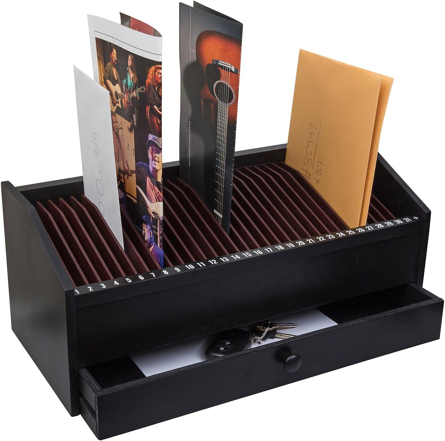 17" - 31 Slot Wooden Bill/Letter Organizer With Drawer - Black