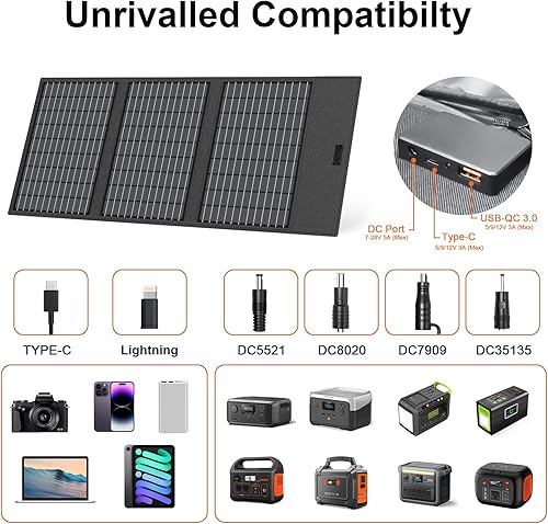Miniatura 3 de Cargador de panel solar portátil de 45 W con salidas USB-C, USB-A y CC, paneles solares impermeables IP67 plegables de 18 V con un soporte