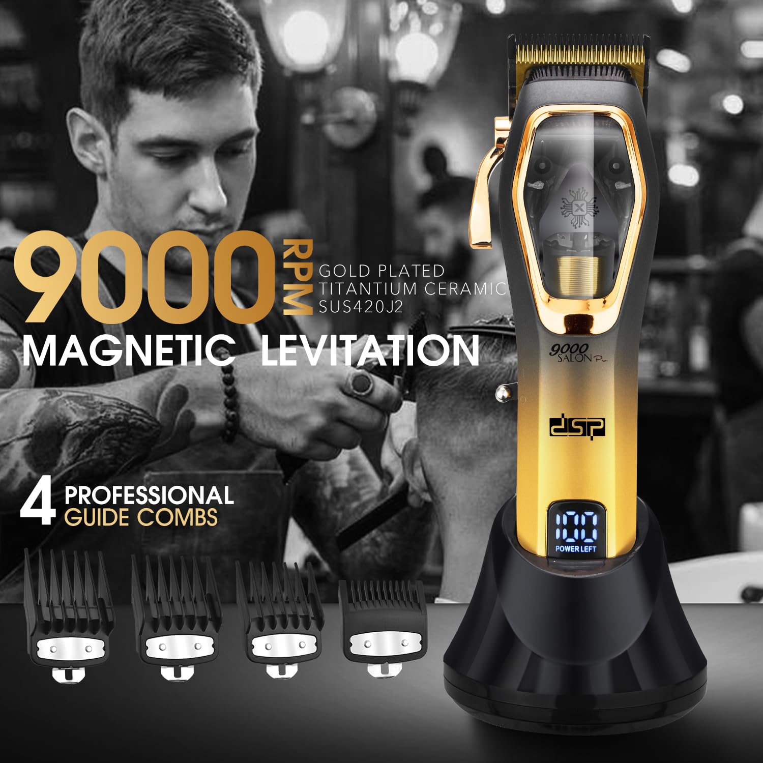 DSP Pro Barber Hair Clippers Set : Tondeuse magnétique sans fil 9000 tours/minute, contrôle de la vitesse constante pour une coupe en douceur. Lames en céramique, batterie 2500mAh (Or)