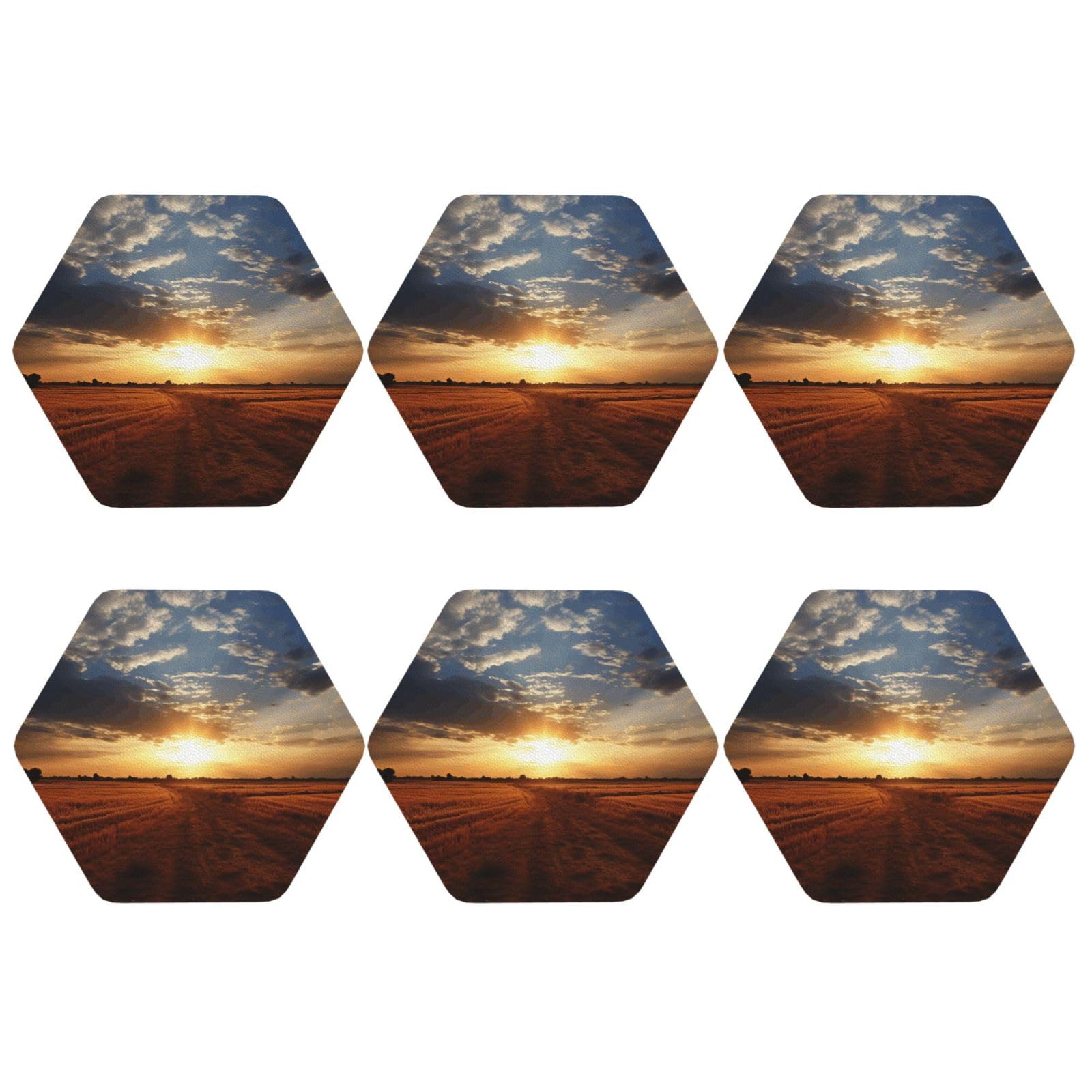 6pcs Leather Coasters for Drinks, Field Sunrise Drink Coasters for Tabletop Protection, 4" Cup Coasters for Coffee Table Decor, Non-Slip Drinking Cup Mat for Hot Or Cold Drink