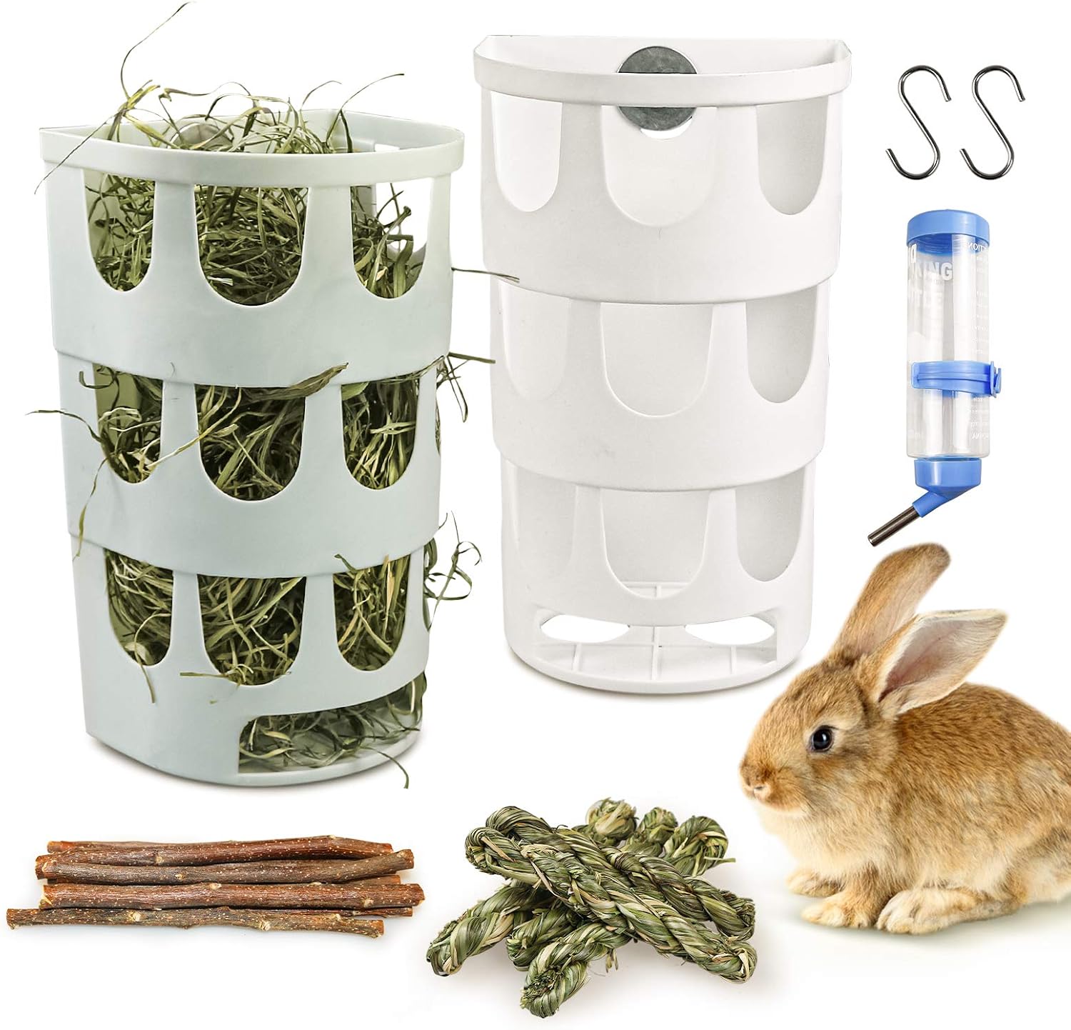 Roundler Rabbit Hay Feeder, 2PCS Bunny Hanging Feeding Grass Rack Plastic Fixable Cage Manger Hay Holder with Water Bottle Chew Toys for…