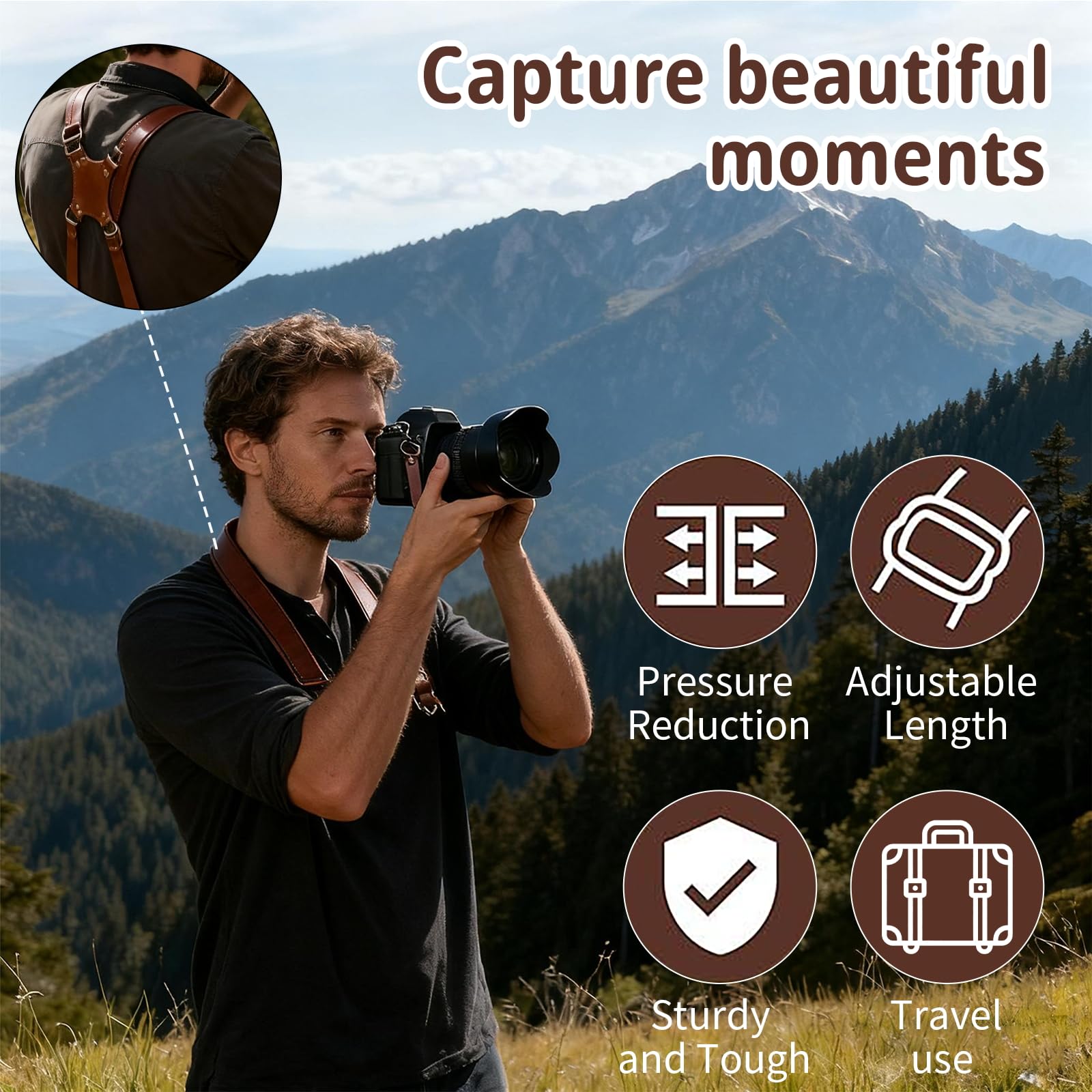 Imbracatura per fotocamera, doppia fotocamera per fotografi, tracolla in pelle per due fotocamere per DSLR/SLR
