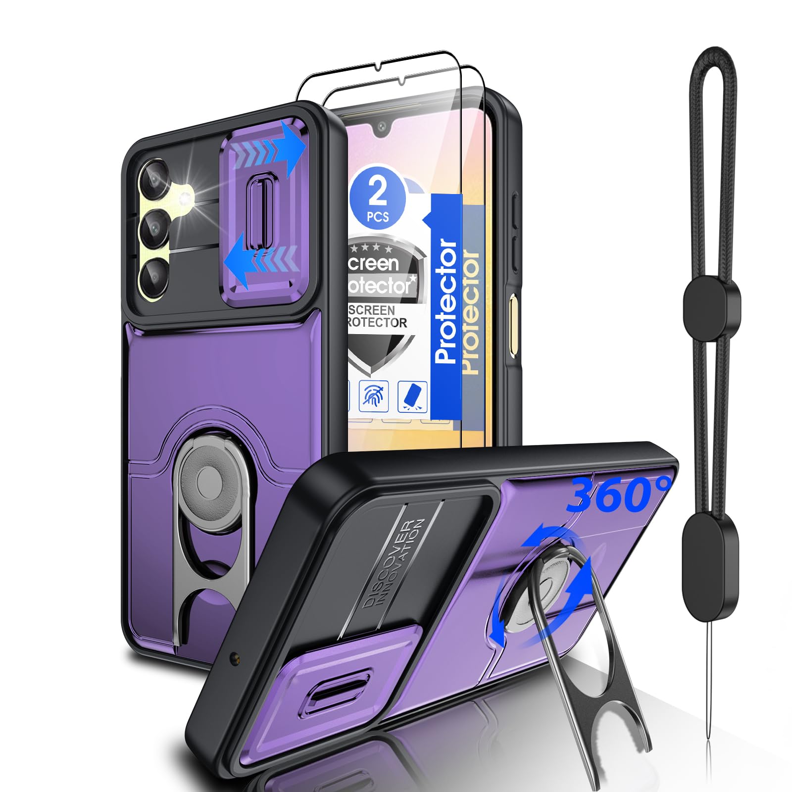 Dizn for Samsung Galaxy A25 5G Phone Case:with Camera Lens Cover,[2 Pcs] Explosion-Proof Film,Strap &amp; 360°Stand,Military-Grade Shockproof Protective,for 6.5-Inch Samsung A25,Purple