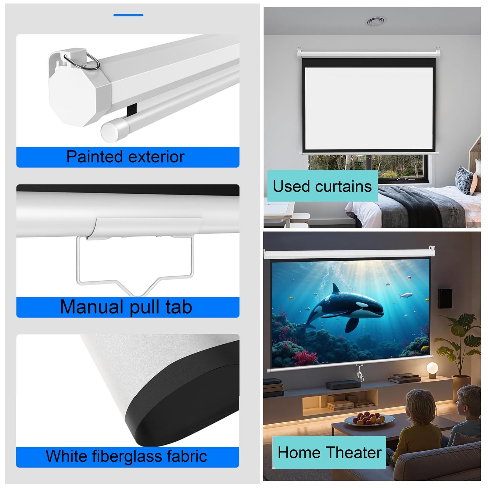 Pantalla De Proyeccion Enrollable 60/72 Pulgadas Portatil De Cine En Casa Interior Y Exterior Cine En Casa Patio Pantalla, Formato 16:9, 4:3(72inch(16:9))