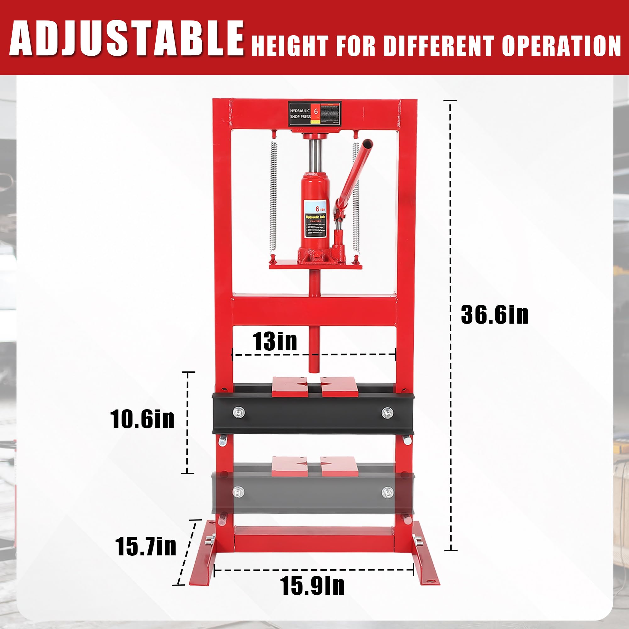 Pressa Idraulica da Officina 6T per Manutenzione Sistemi Frenanti Auto - Struttura H Pesante Regolabile - Piastre di Stampaggio Incluse - Ideale per Garage - Trave Nera, Struttura Rossa