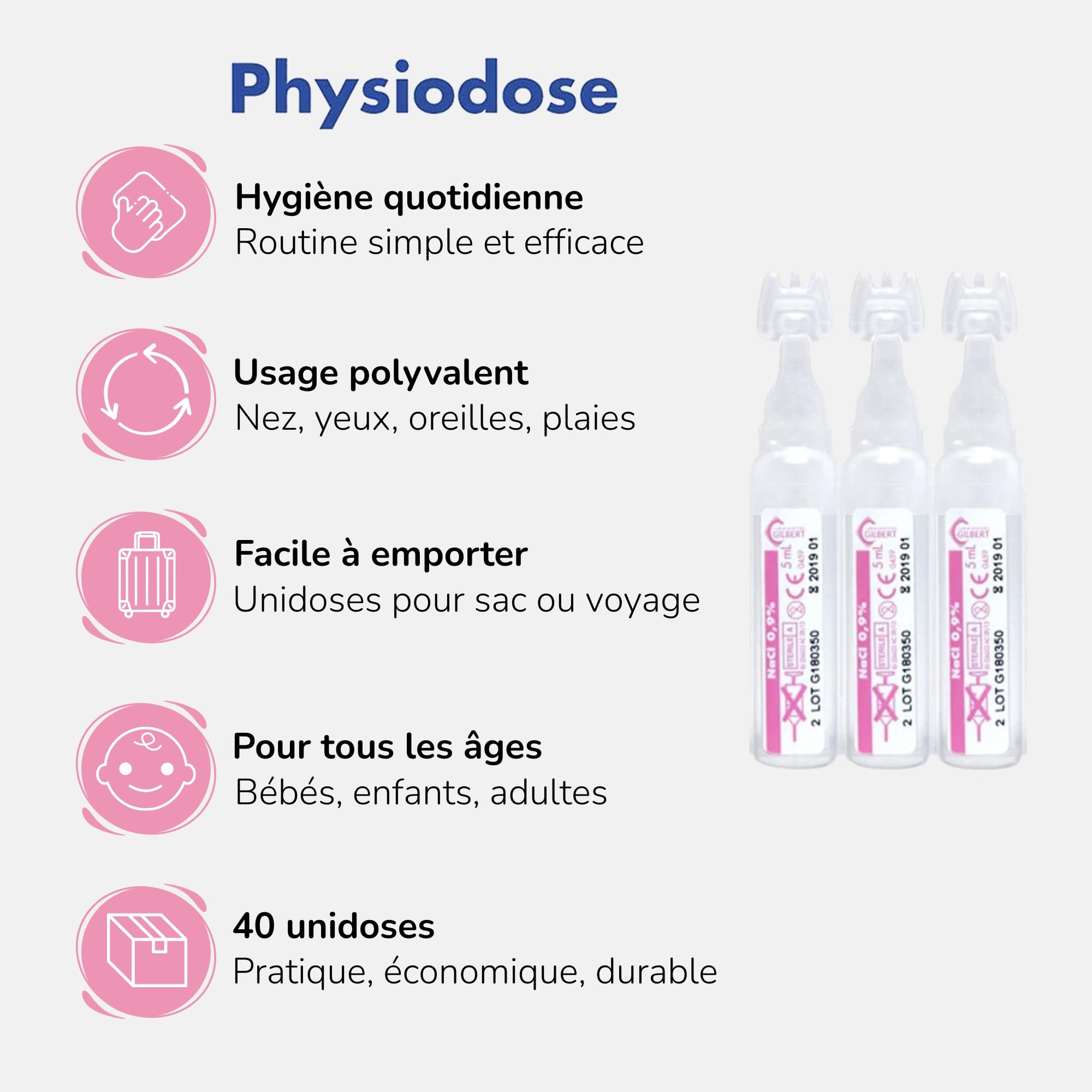 Pack 6 PHYSIODOSE, Physiological Serum 40x5ml, Hygiene of the nose, eyes, ears, Infant, baby, adult, Laboratoires Gilbert - Image 2