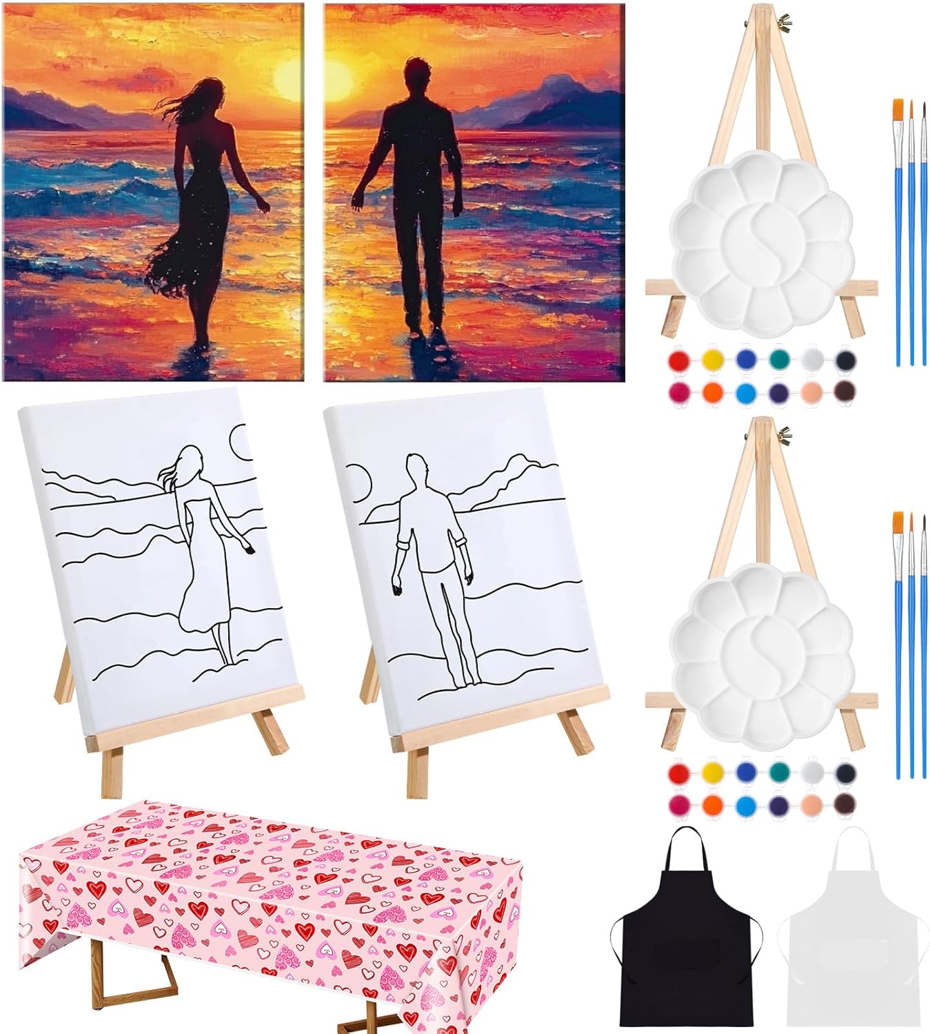 Feifeiyu 17 Pcs Valentines Sip and Paint Kit for Adults 8x10 Couple Painting Kit Art Pre Drawn Canvas Paint for Adults Date Night Party Favor Supplies Galentines Gifts(Seaside Sunset)