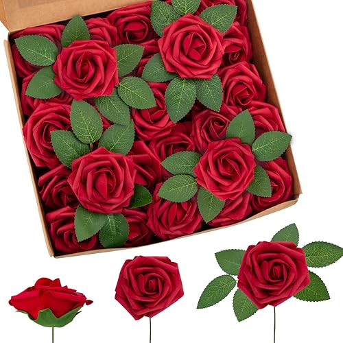 50 rosas artificiales rojas a granel con tallos, rosas falsas de espuma, aspecto real para decoración de boda, ramos de novia, centros de mesa,