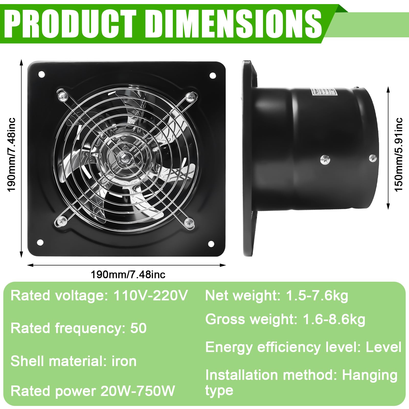 Aicharynic Ventilatore di scarico da 150 mm, 525 m³/h, con valvola di ritorno, silenzioso, in metallo, 38 W, spina europea, 6 pollici, ventola assiale per cucina, bagno, garage, piano inferiore, nero