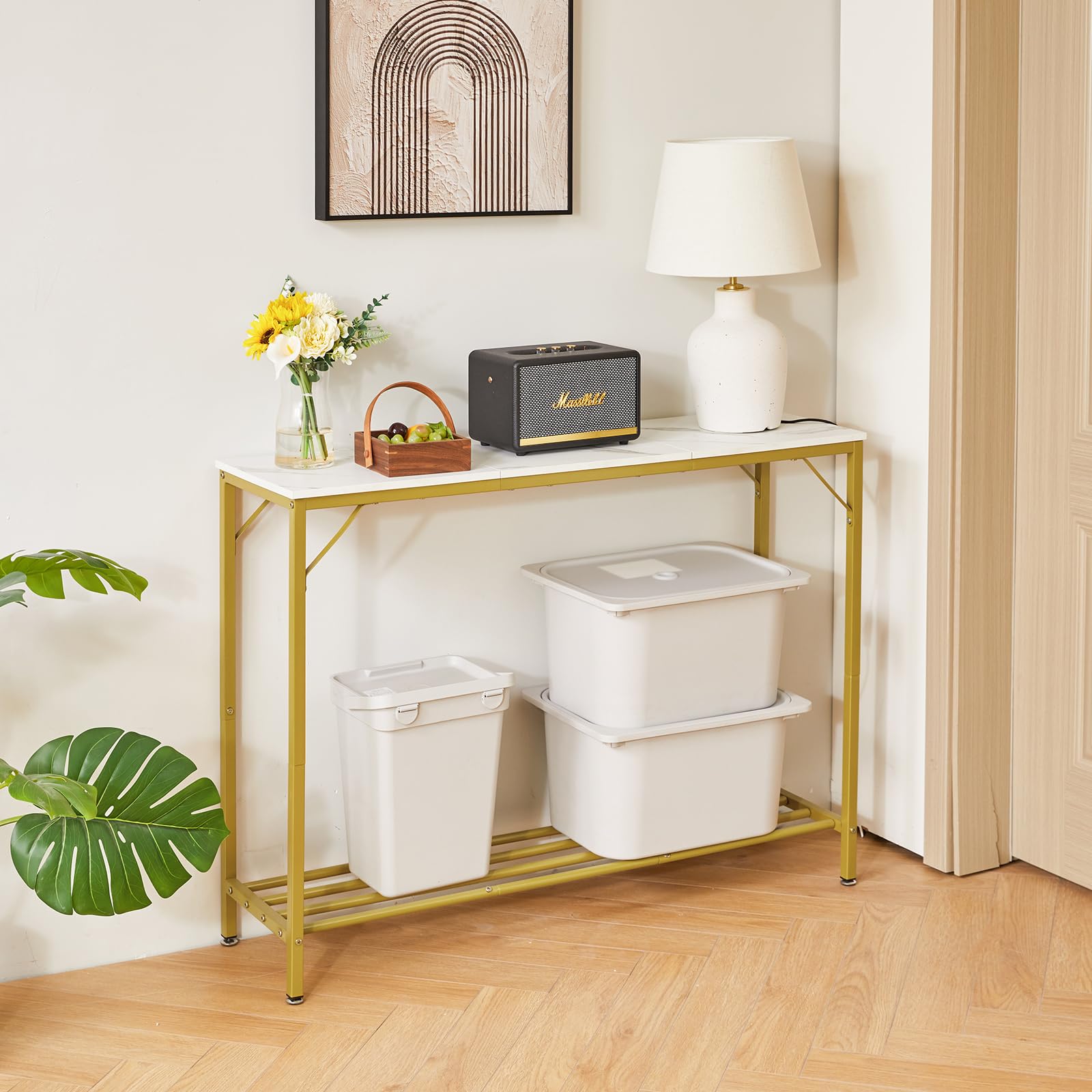YMYNY Table Console, Table d’Entrée, Bout de Canapé, Table Console Étroite avec Étagères, Table de Présentation, Pieds Réglables, pour Salon, Entrée, Couloir ‎107 x 30 x 78CM Blanc HST006W