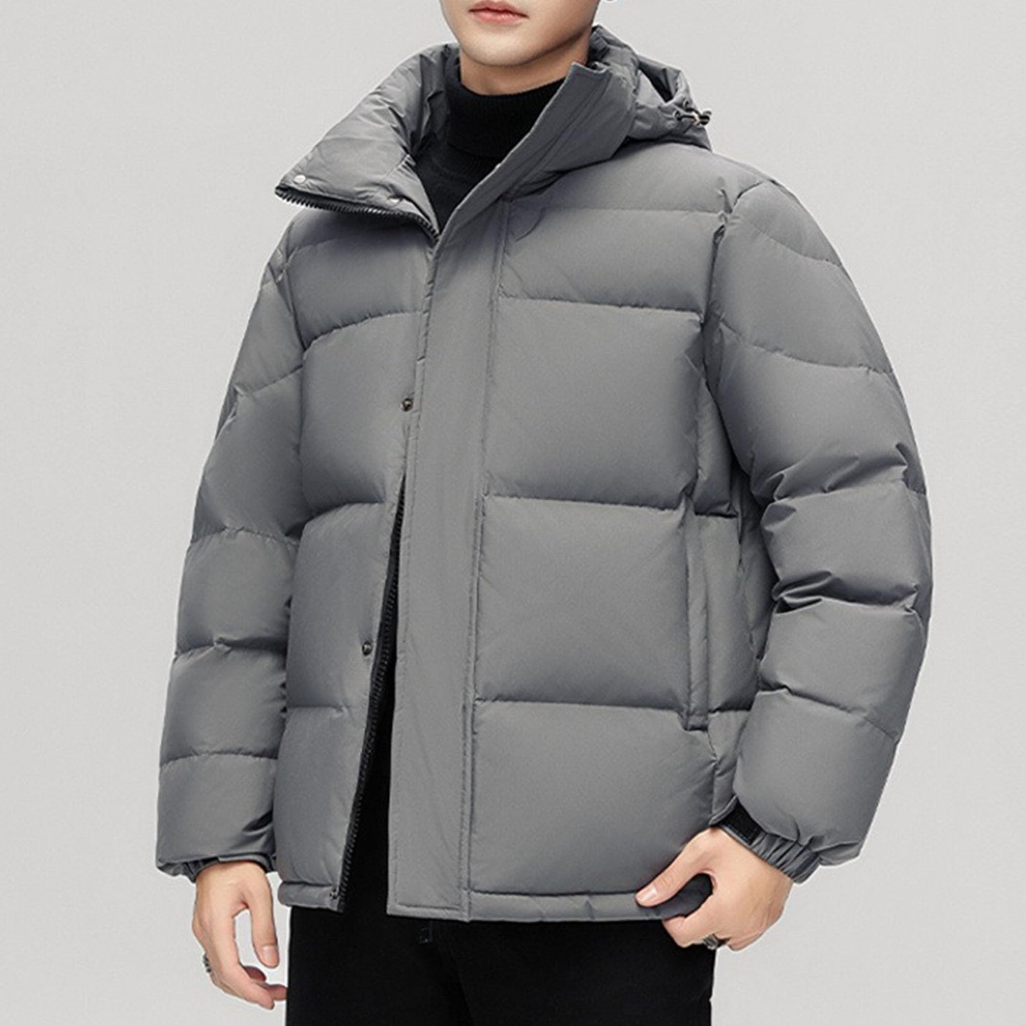 Men's Down Jacket with Adjustable Hood Windproof Insulated Puffer Hoodie Casual Warm Thick Hooded Plush Parka (Grey 2,Large)