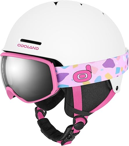 Odoland Casco de esquí para niños, casco de nieve con gafas de esquí, a prueba de golpes, resistente al viento, cascos de seguridad para deportes de