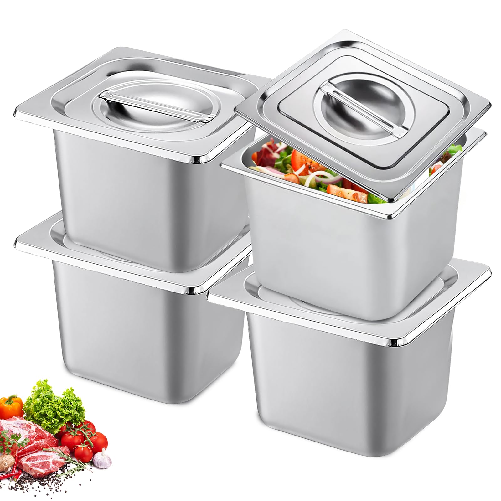 BYZESTY Juego de 4 recipientes GN de 1/6 – 15 cm de altura de acero inoxidable con tapa, recipientes gastronorm para almacenamiento profesional de alimentos