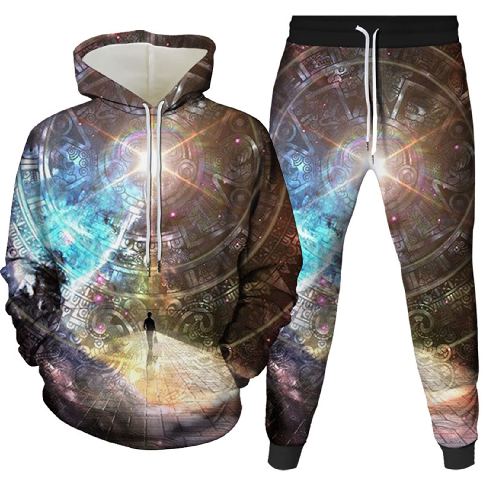 Tuta Uomini Autunno Stampa Digitale 3D Bella Cielo Stellato Felpa Con Cappuccio + Pantaloni 2 Set Di Moda Per Il Tempo Libero, 14, XL