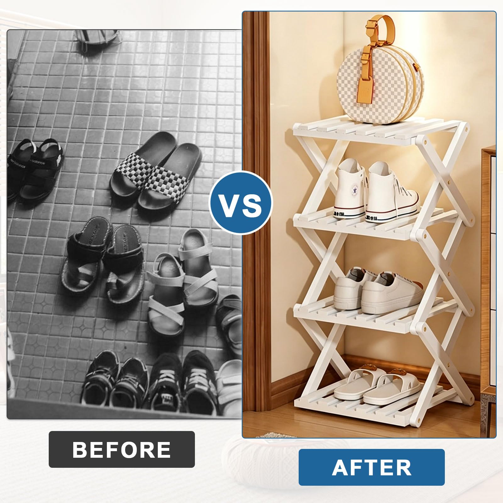 Étagère à chaussures à 4 étages - Blanc - Petit - Pliable - Peu encombrant - Pour entrée, chambre à coucher, armoire, coin salon - Sans montage