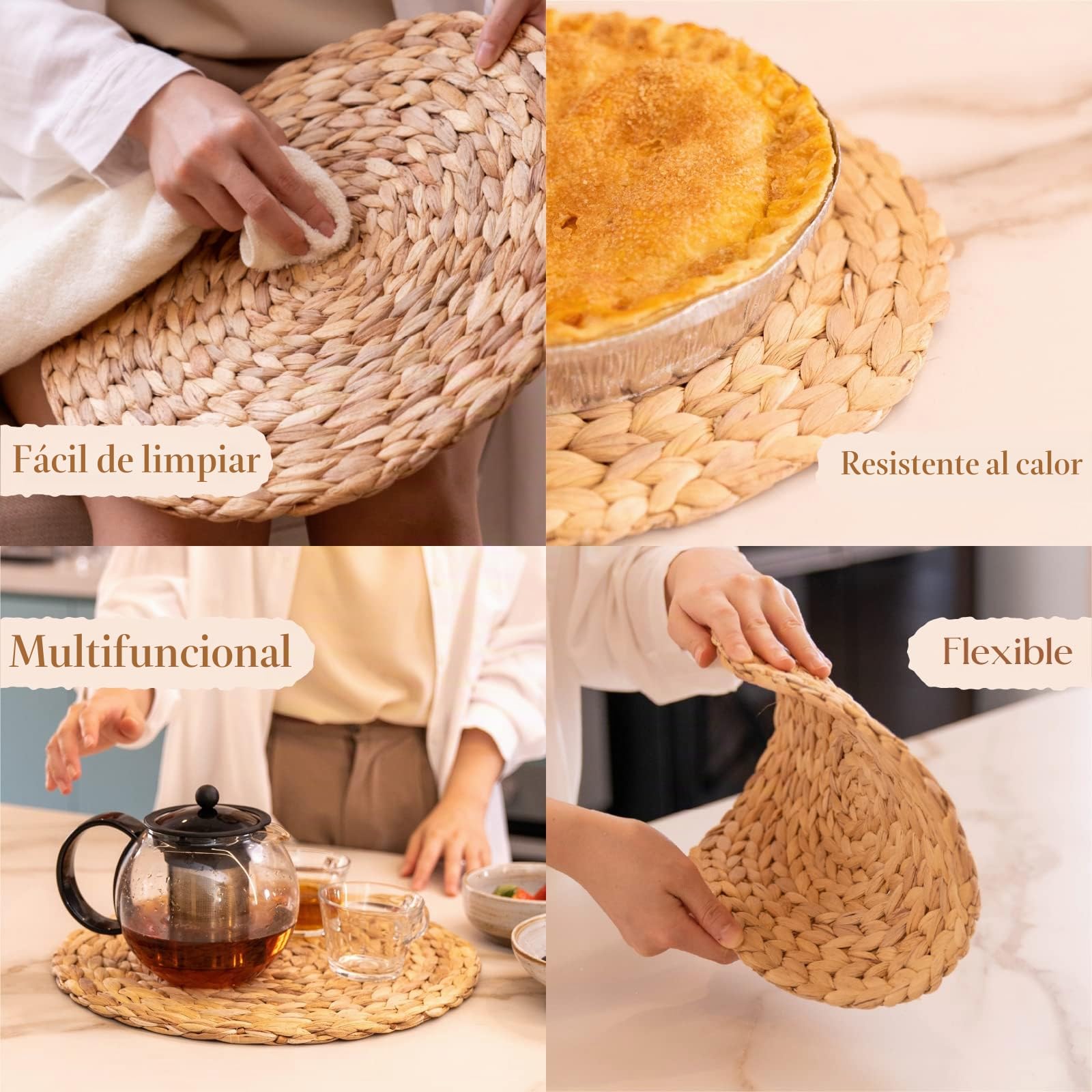 YANGQIHOME Manteles Individuales de Jacinto de Agua Tejidos a Mano Naturales, manteles Individuales Redondos, manteles Individuales de Paja Trenzada, Juego de 6 (35 cm)