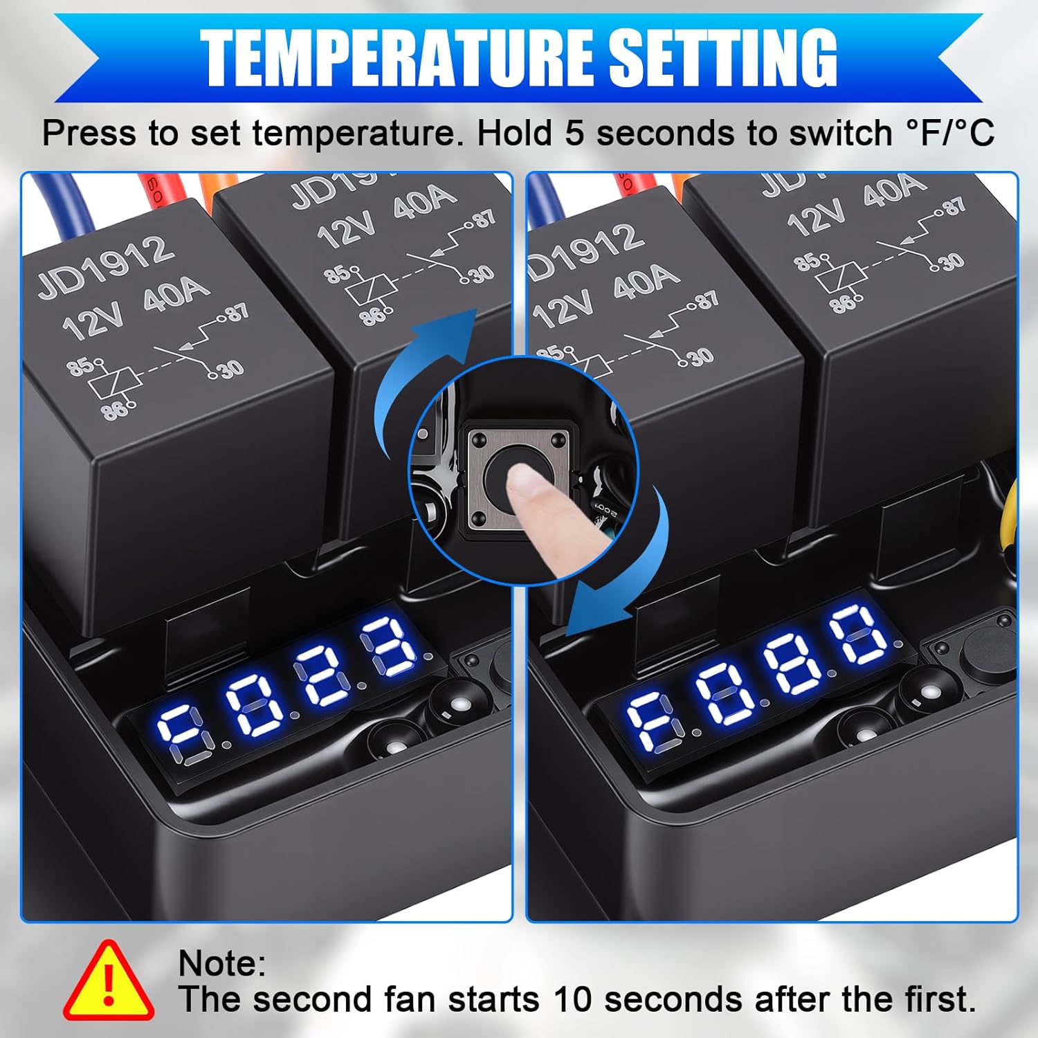Digital Electric Radiator Fan Controller Switch Kit, Adjustable Temperature 104-230°F, LED Real Time Display, DC12V/24V, Dual Fan Control, Fan Relay Kit, Automotive Fan Controller (DC12V)