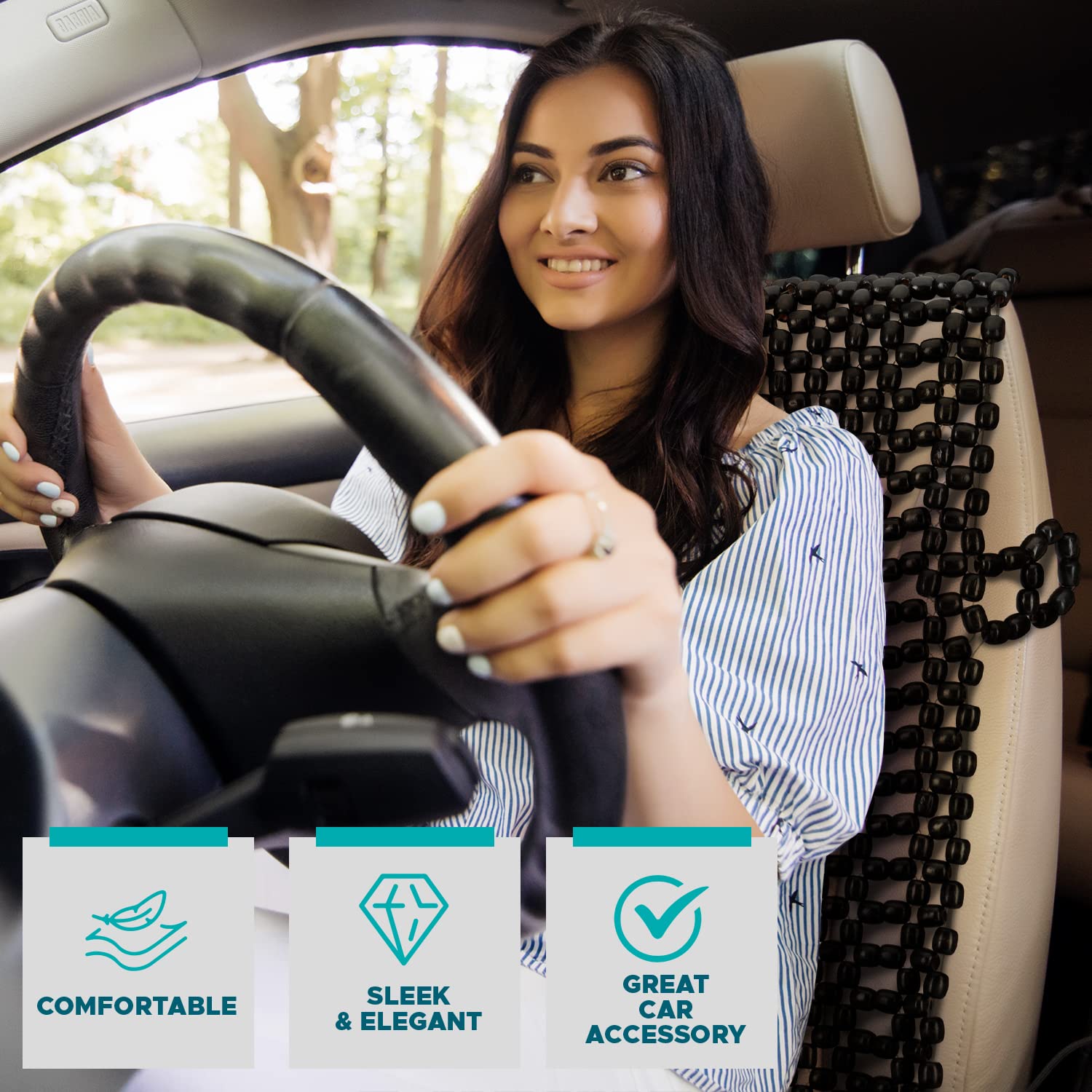 VaygWay Cuscino per sedile auto con perline in legno naturale resistente e doppio filo, cuscino di supporto massaggiante ventilato per auto, camion e sedie da ufficio, nero
