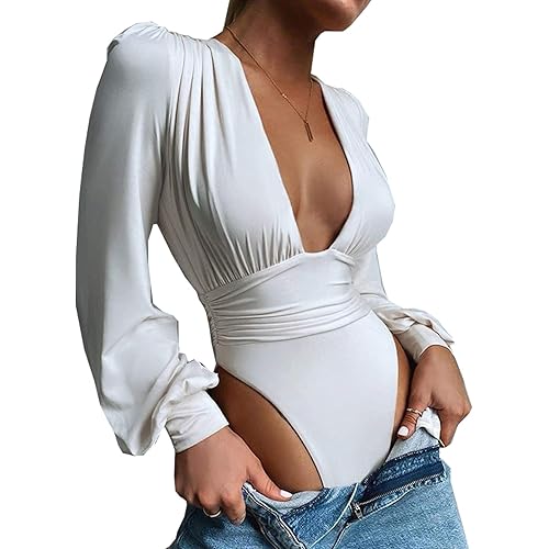 Syydn Women's Deep V Neck Tops Sexy Puff Sleeve Bodycon Jumpsuit Stretchy Bodysuit Jumpsuits