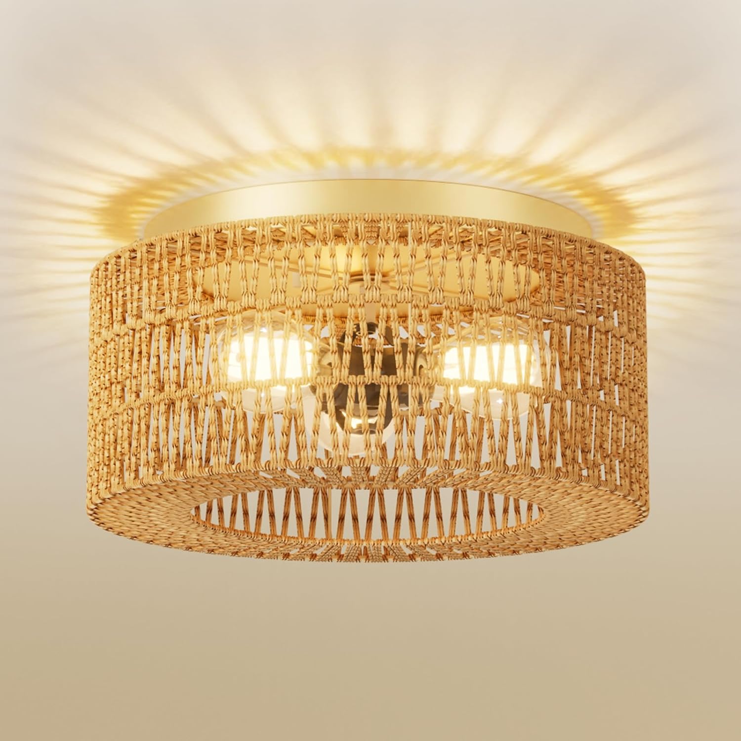 ROOMTEC 12.4" Boho Rattan Ceiling Light,3-Light Modern Farmhouse Rattan Light Fixture with Dimmable E26 LED Bulb Gold Handmade Ceiling Lamp for Dining Room,Hallway,Bedroom,Foyer and Kitchen